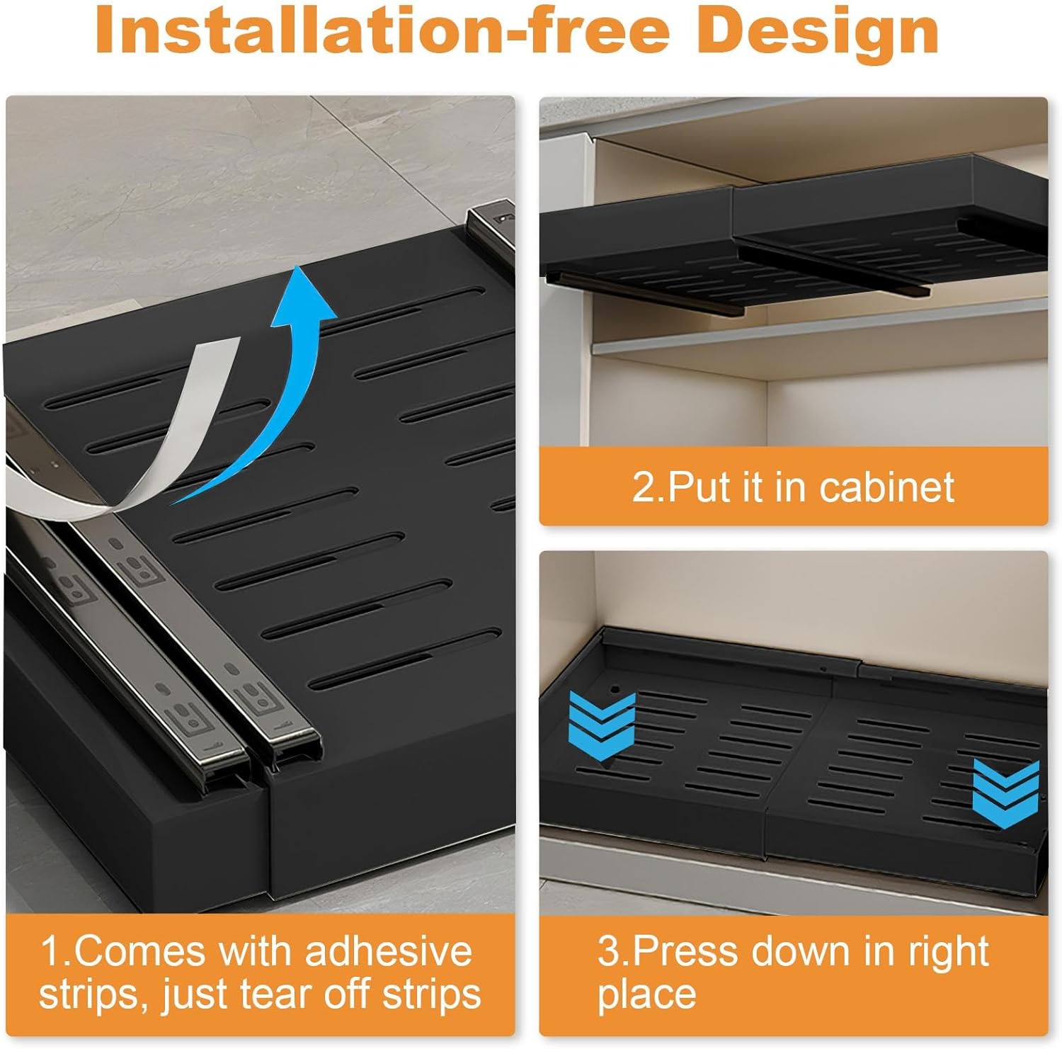 Adjustable Pull out Cabinet Shelves, Adhesive Roll out Pantry Shelf, Adjustable Kitchen Cabinet Organizer Tray for Restaurant Bathroom Home Hotel