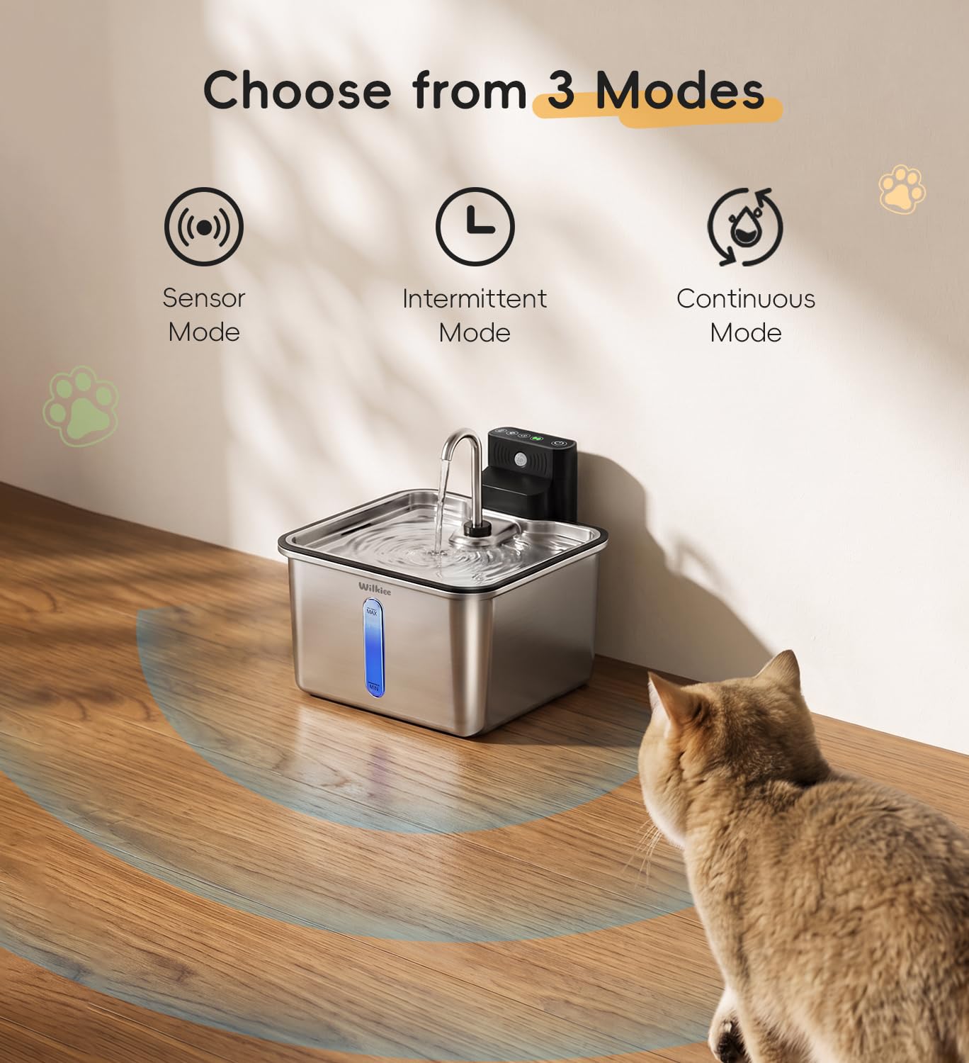 Fuente de agua para gatos de acero inoxidable, fuente inalámbrica para mascotas de 4 L para gatos