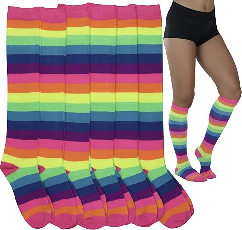 ToBeInStyle Paquete de 6 calcetines largos y altos de acrílico multicolor a rayas arcoíris