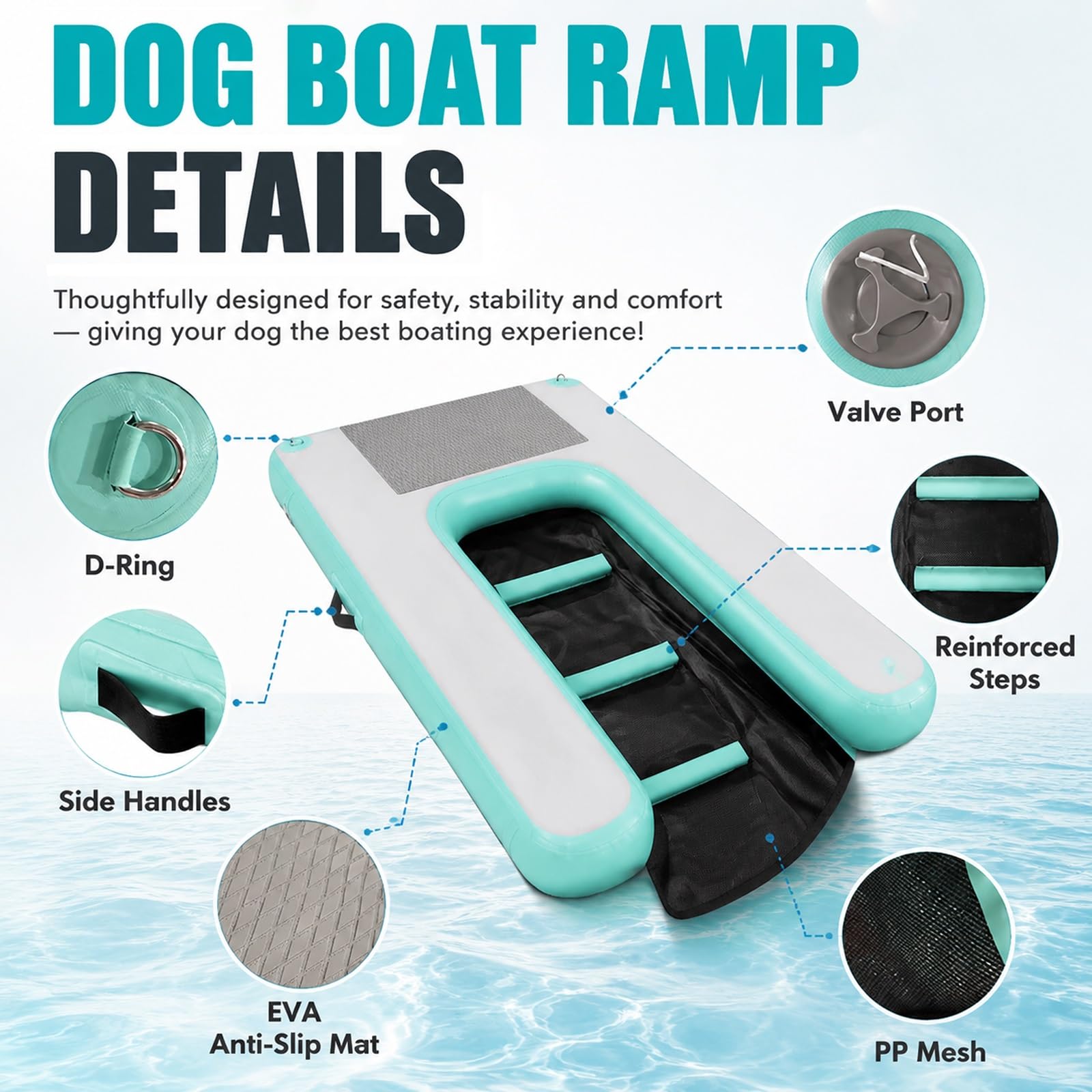 Rampa de Agua Para Perros Rampa Inflable Flotante Para Perros (escalera/rampa), Plataforma Portátil Tipo Escalera Para Piscinas, Muelles, Lagos, Barcos Y Playas; Apta Para(Blue,H 10cm(3 9/10"))