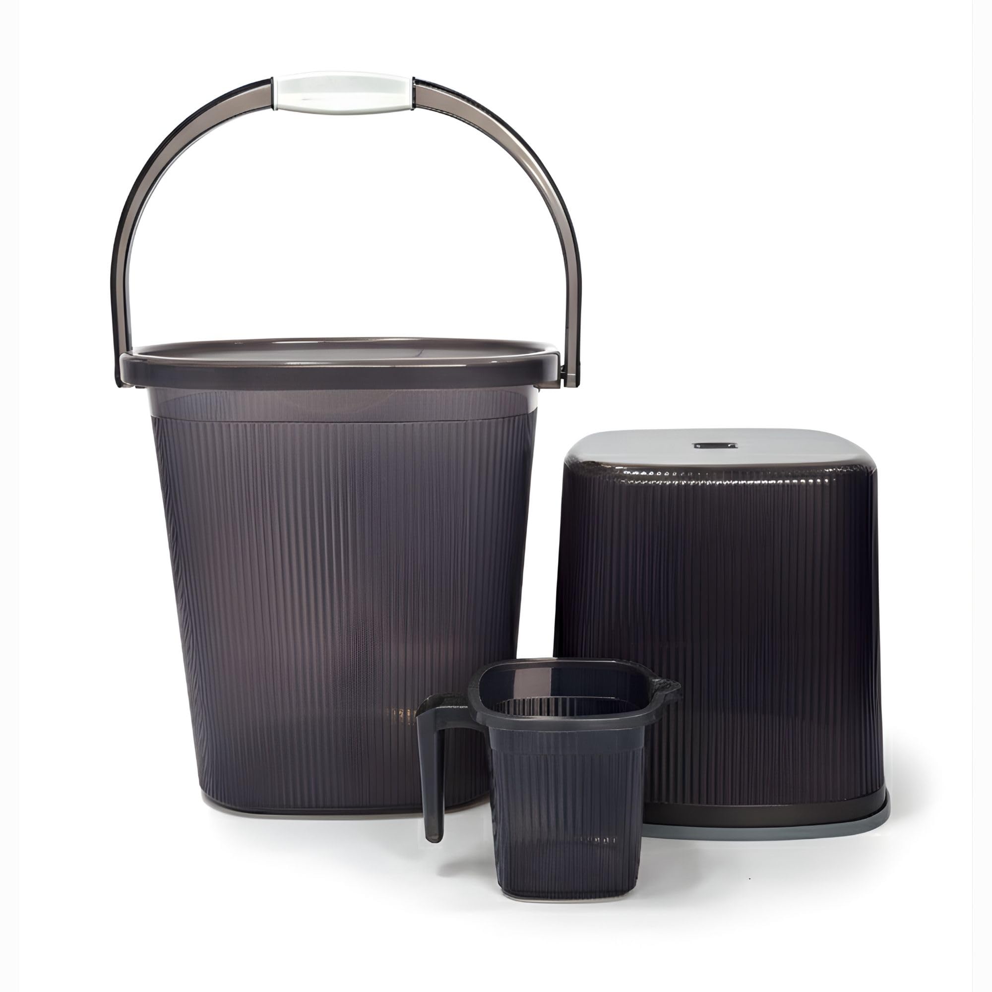 Bathroom Bucket Set of 3 | 25 Liter Bath Bucket with Mug and Stool | Square Shape Ribbed Texture Bathroom Accessories Set of 3 (Transparent-Grey)-image-48