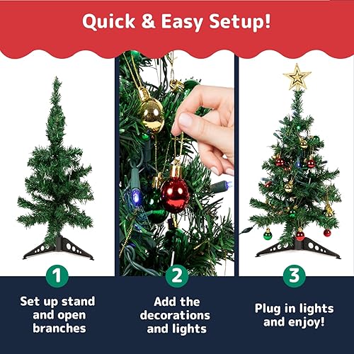 Miniatura 4 de PREXTEX - Mini árbol de Navidad de 23 pulg DIY con luces - Pequeños adornos de Navidad de mesa Árbol de Navidad de mesa con luces LED multicolor,