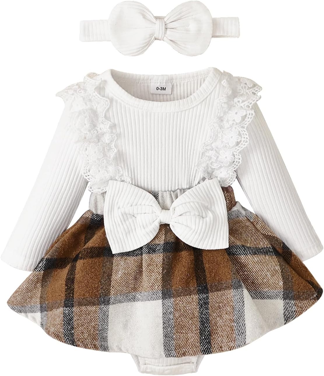 Baby Girl Clothes Fall Winter Outfit Plaid Romper Long Sleeve Dress Lace Ruffles Bodysuit with Bow Headband