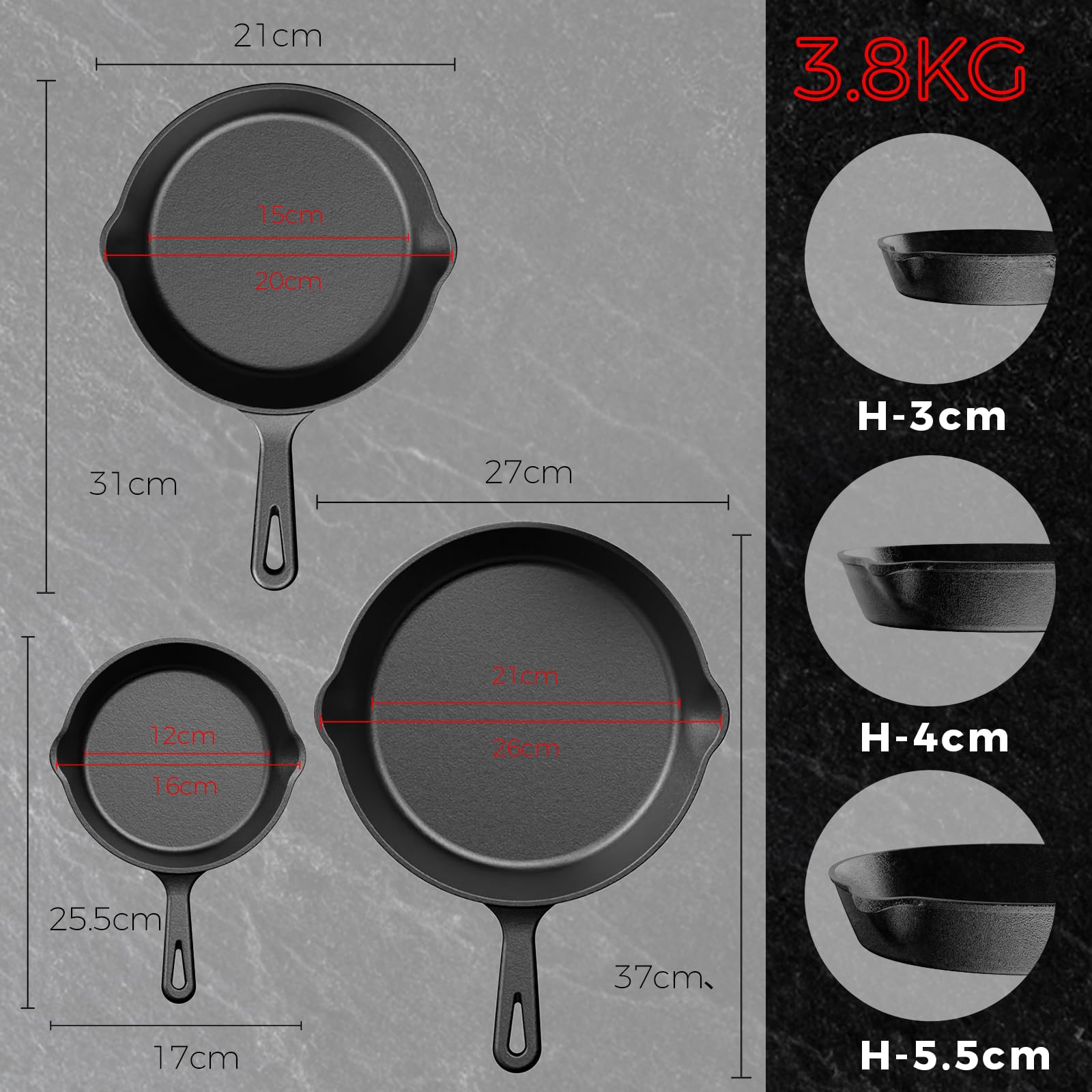 YASHE Ensemble de 3 poêles en fonte, poêles à frire robustes et durables, à culotter avant usage, compatibles tous feux dont induction, tailles 16 cm, 20 cm et 26 cm, Noir