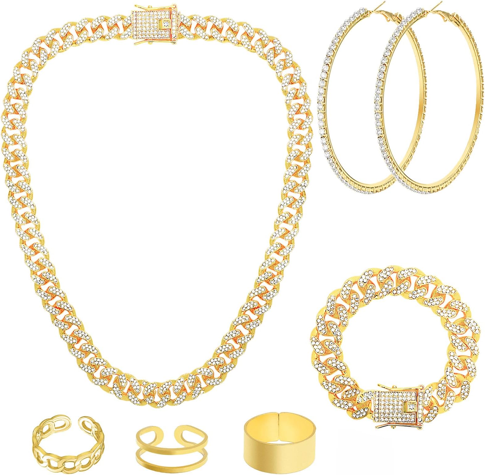 NEWITIN 7 Pieces Gold Jewelry Set for Women Dainty Cubic Zirconia Cuban Link Chain Necklace Bracelet Ring Sparkly Crystal Earrings Cuban Jewelry Set for Women Men
