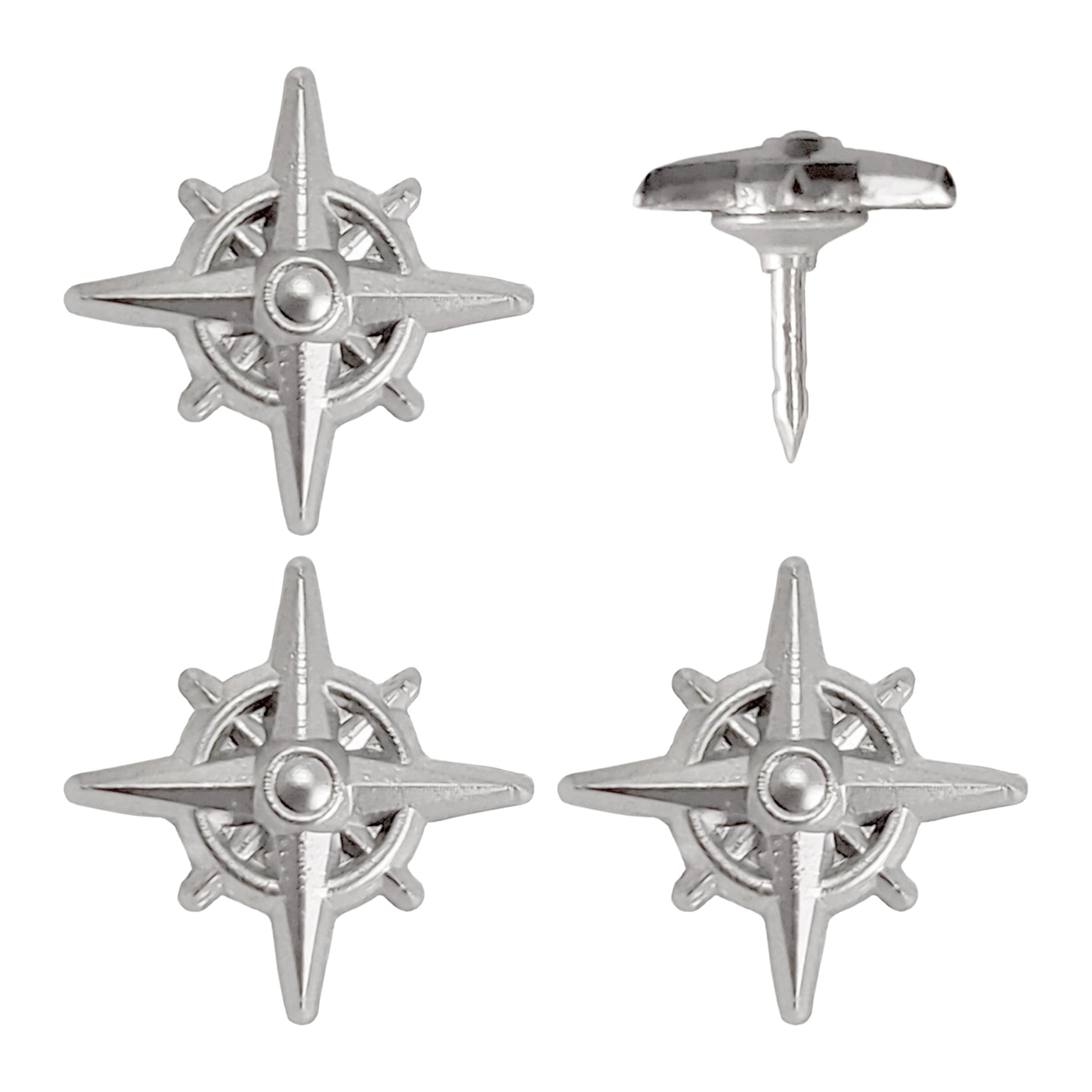 Compass Push Pins - Silver Metal Compass Rose Pins - for Cork Board, Maps, or Lapel Pin Use - Designed in USA - Set of 4