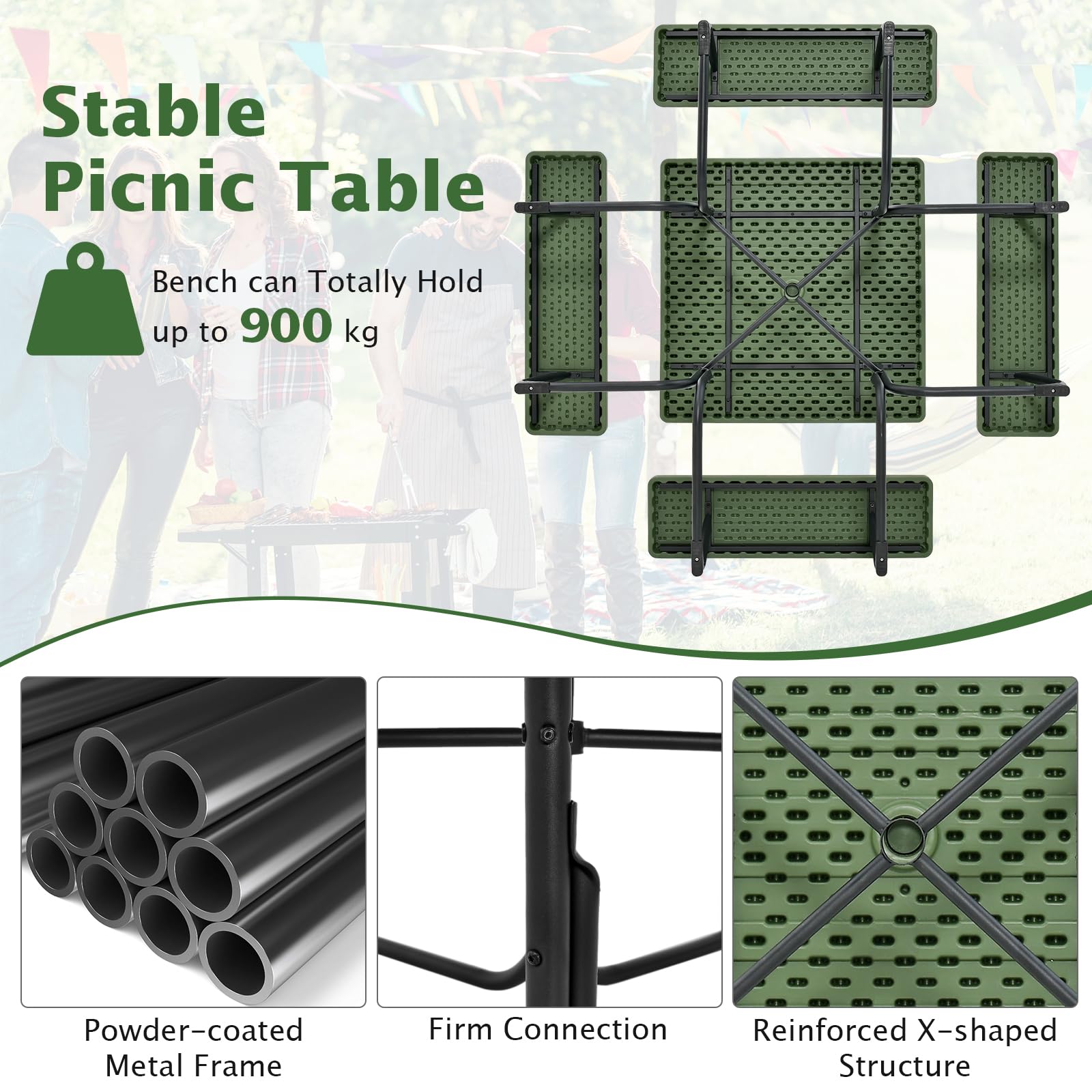 KOMFOTTEU Set Tenda da Birra, Tavolo con 4 Panche da Birra per 8 Persone, Set di Mobili da Giardino con Foro per Ombrellone, Set Tendone da Campeggio in HDPE, Telaio in Metallo (Verde)