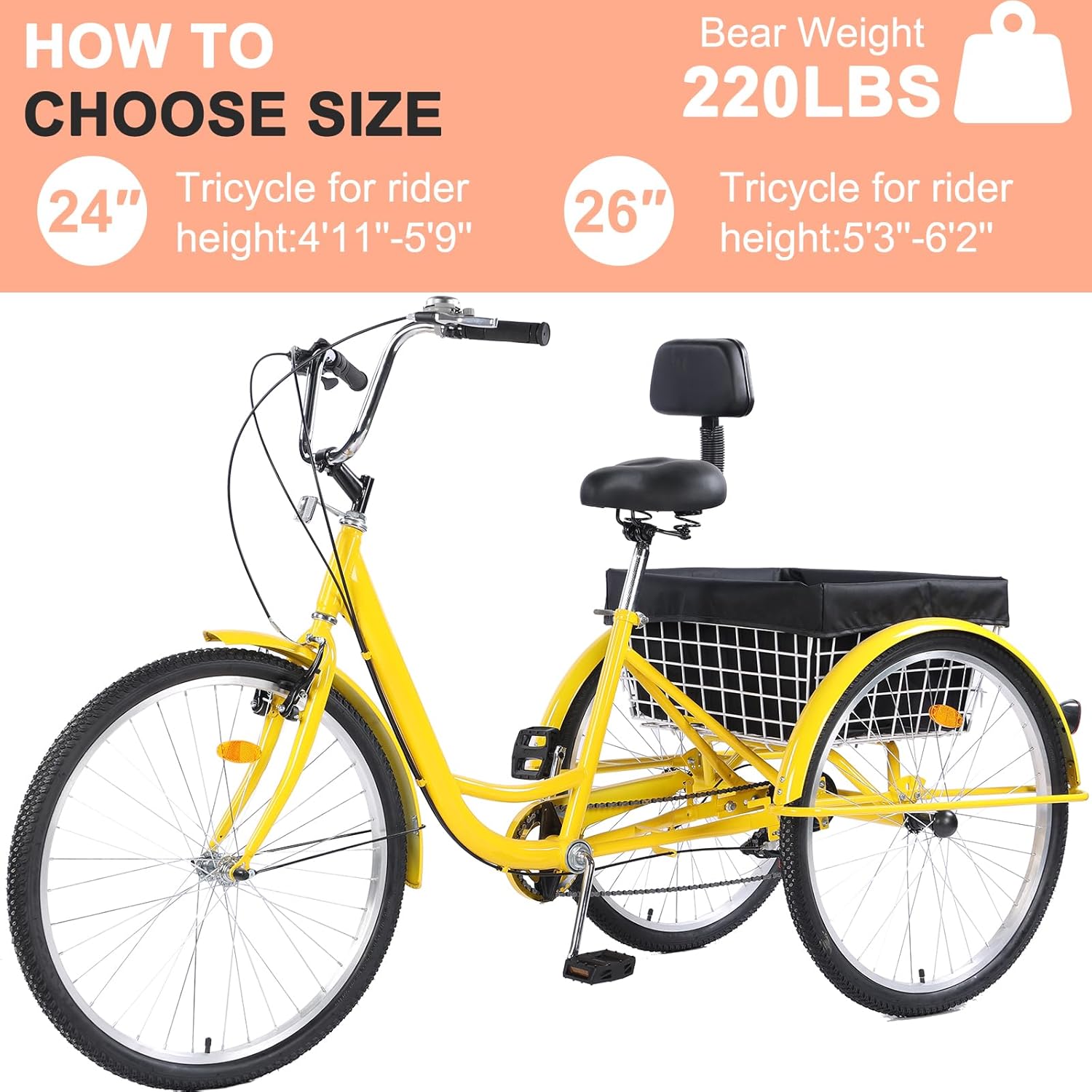 Adult Tricycle 26 inch 7 Speed, Three Wheel Bicycle for Adult, Trike Cruiser W/Tools & Big Basket for Exercise Shopping Picnic Outdoor Activities Yellow