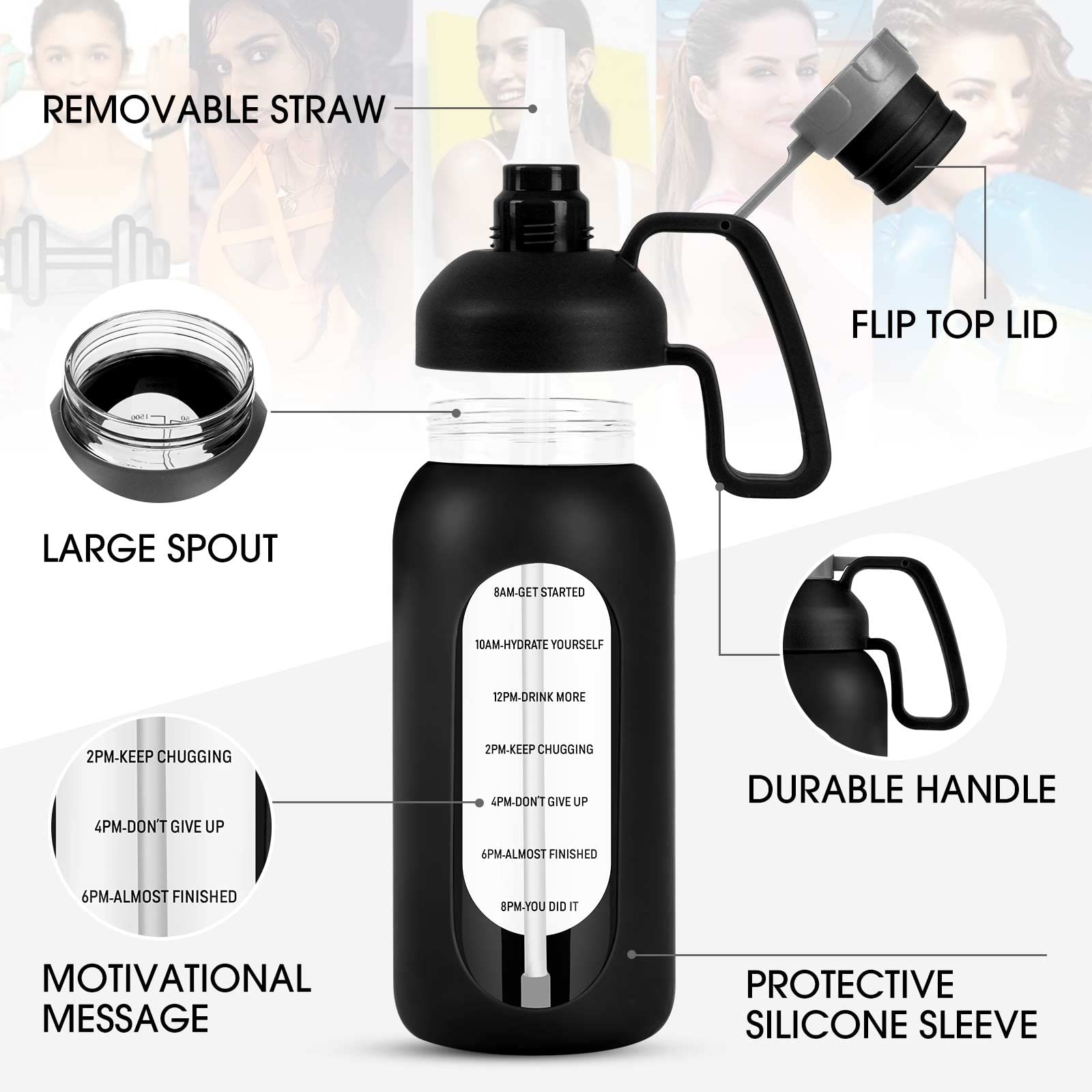 Aqulea Botella de agua de vidrio de 64 onzas con pajita, botella de agua de medio galón con pajita, 2 L, sin BPA, botella de agua grande con aislamiento de tiempo motivacional con asa y funda, botella