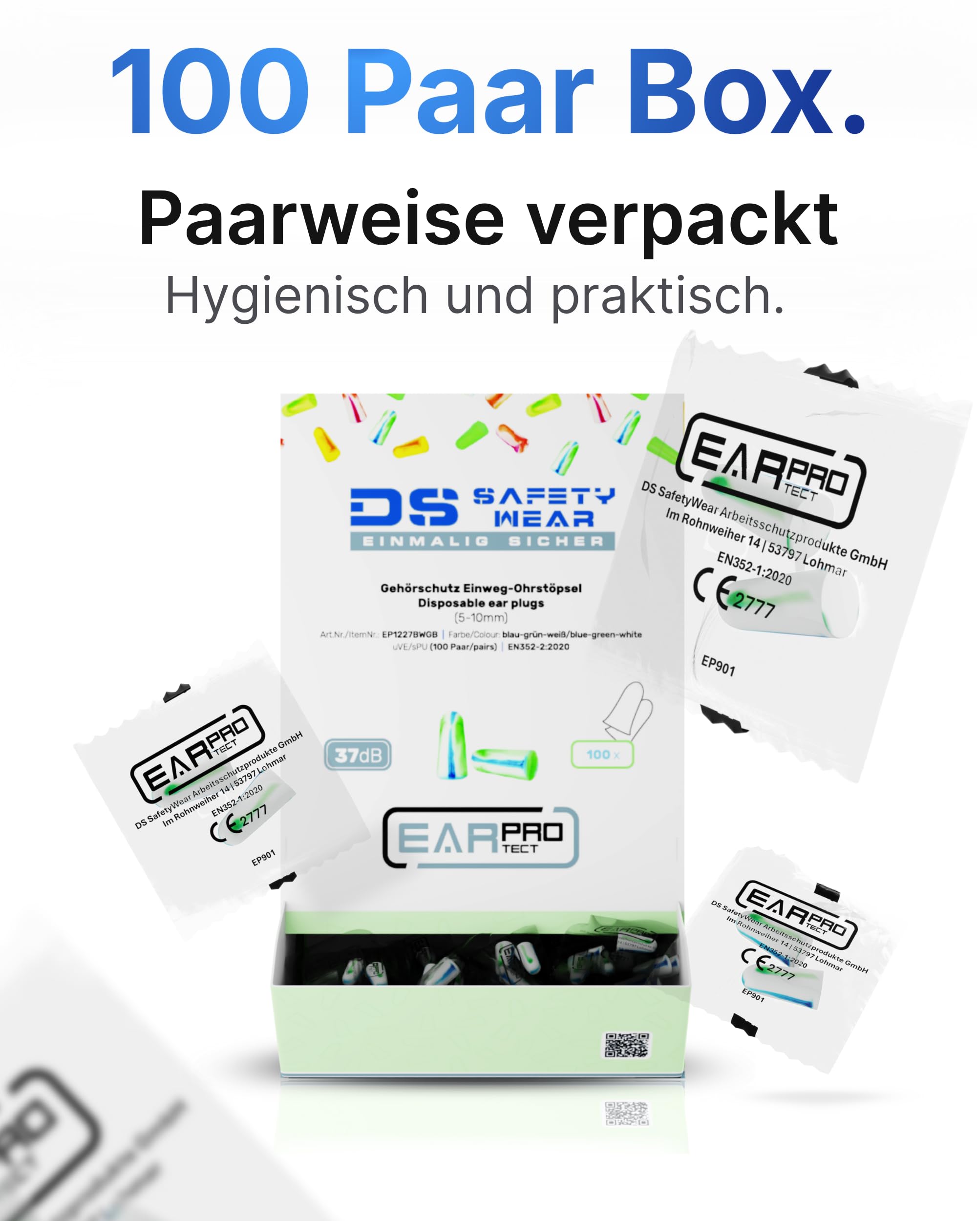400x Gehörschutzstöpsel 37dB - EN352-2 - Spender mit Ohrstöpsel (200 Paar) - Lärmschutz Ohrstöpsel - Ohrenstöpsel Baustelle - Professioneller Hygienischer Ohrstöpselspender für Betriebe