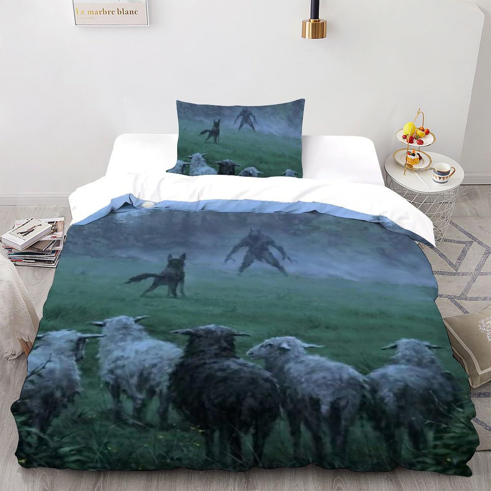 Housse de couette single loup et moutons en microfibre 135x200 cm