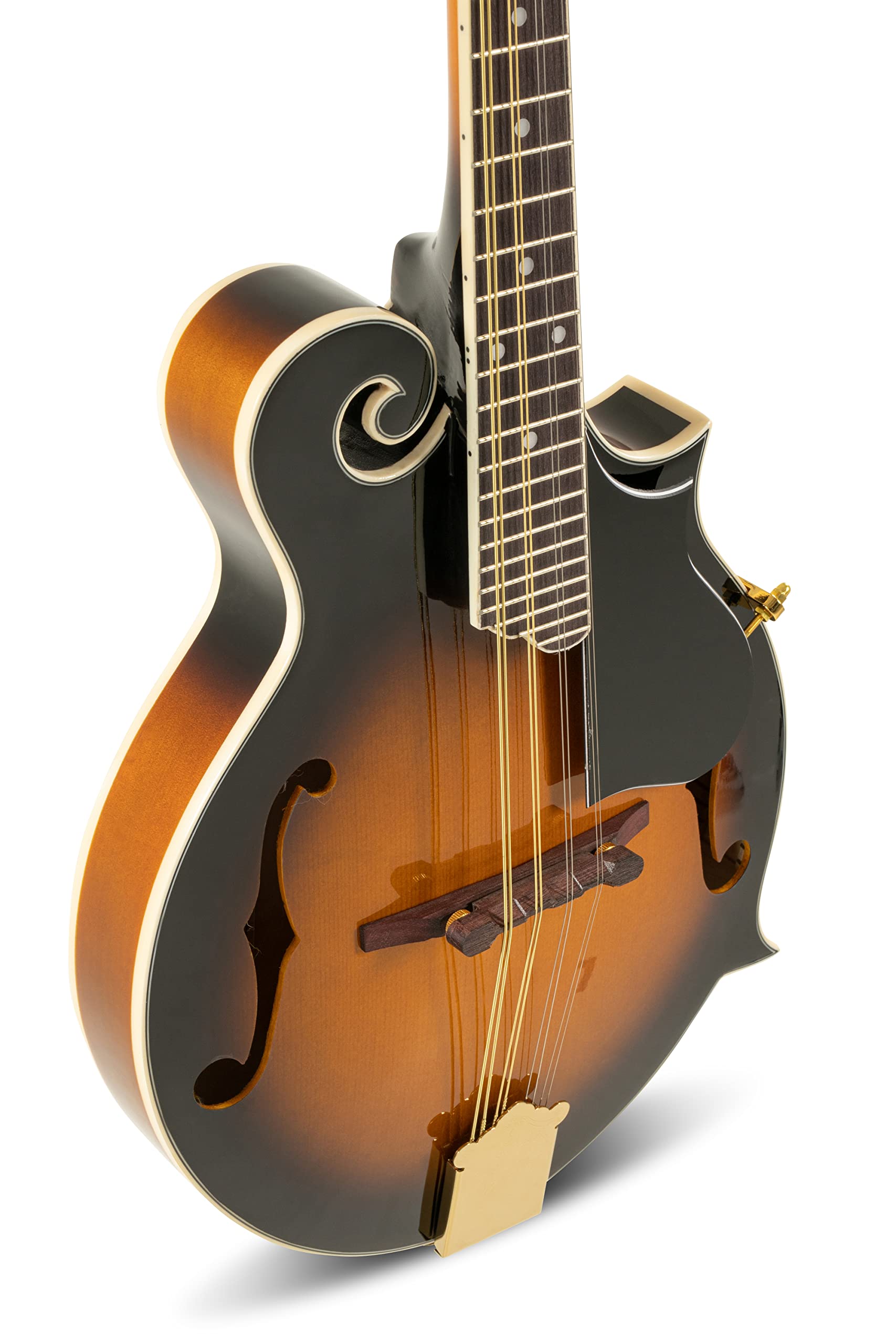 GEWA Mandolino F-1 Select - Tavola armonica in abete - Fondo/fasce in acero - Meccaniche dorate - Ponte regolabile in altezza - Incl. custodia Premium - Finitura lucida Vintage Sunburst