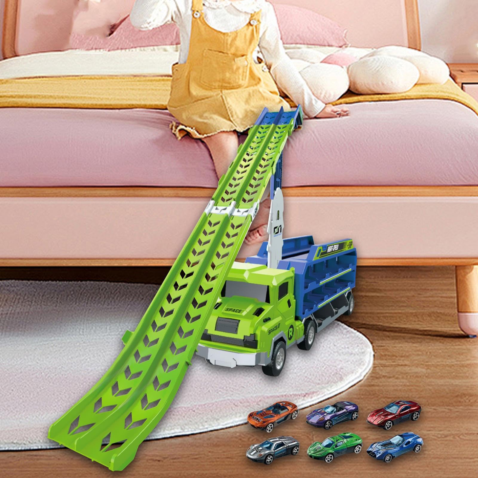 Camión Transportador de Coches de Juguete, Camión Megatransportador Transformable, Camión Transportador de Juguetes Plegable, Verde