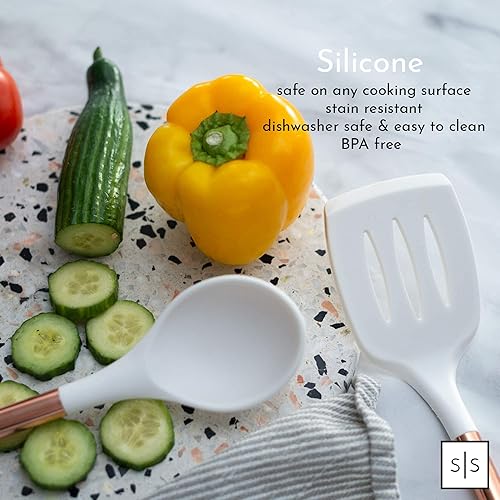 Miniatura 7 de STYLED SETTINGS Juego de utensilios de cocina de silicona blanca y cobre para cocinar y servir modernos, juego de 6 utensilios de cocina de cobre