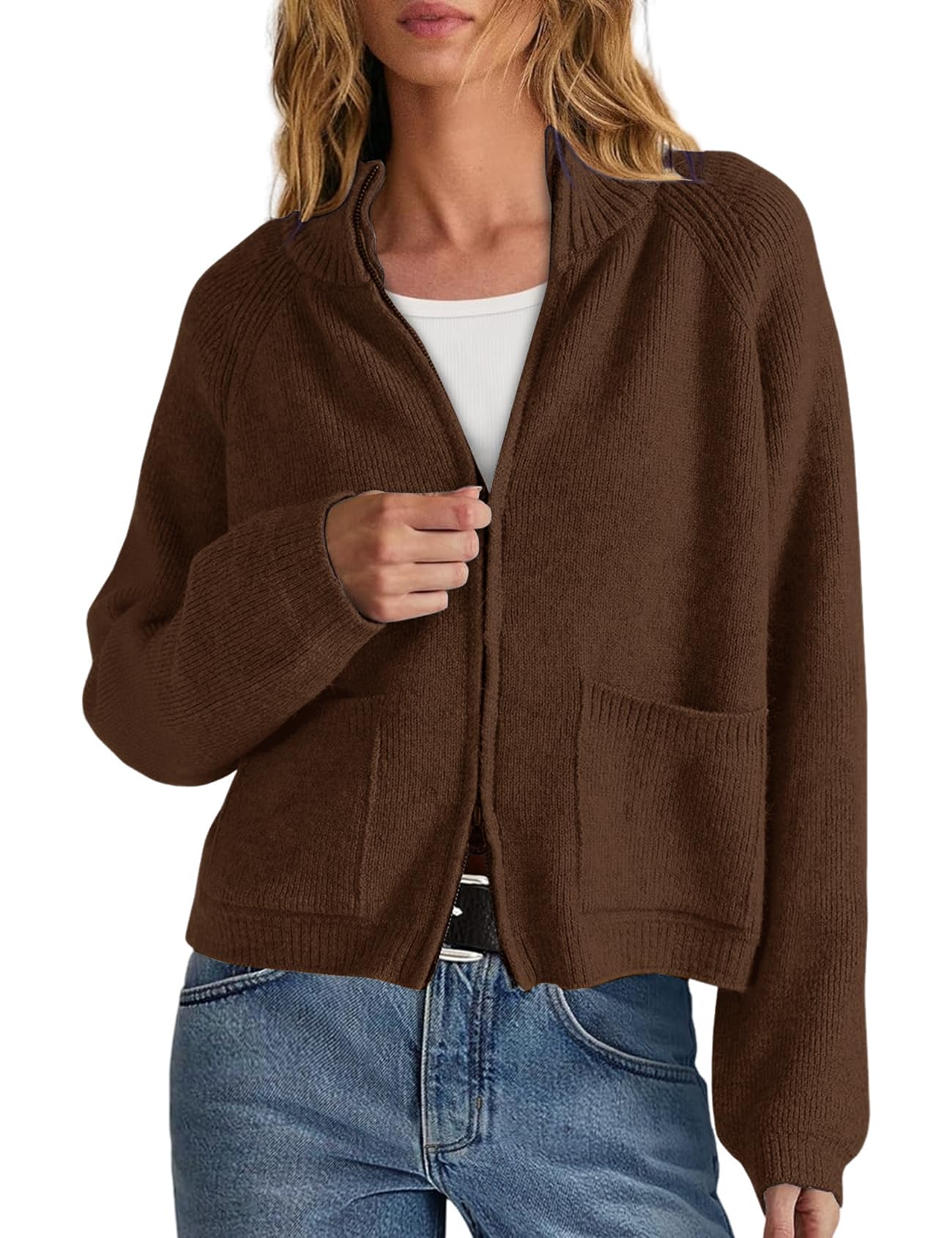 Yimoon Zip Up Cardigan for Women Chunky Knit Cropped Cardigans Long Sleeve Mock Neck Ribbed Sweater with Pockets