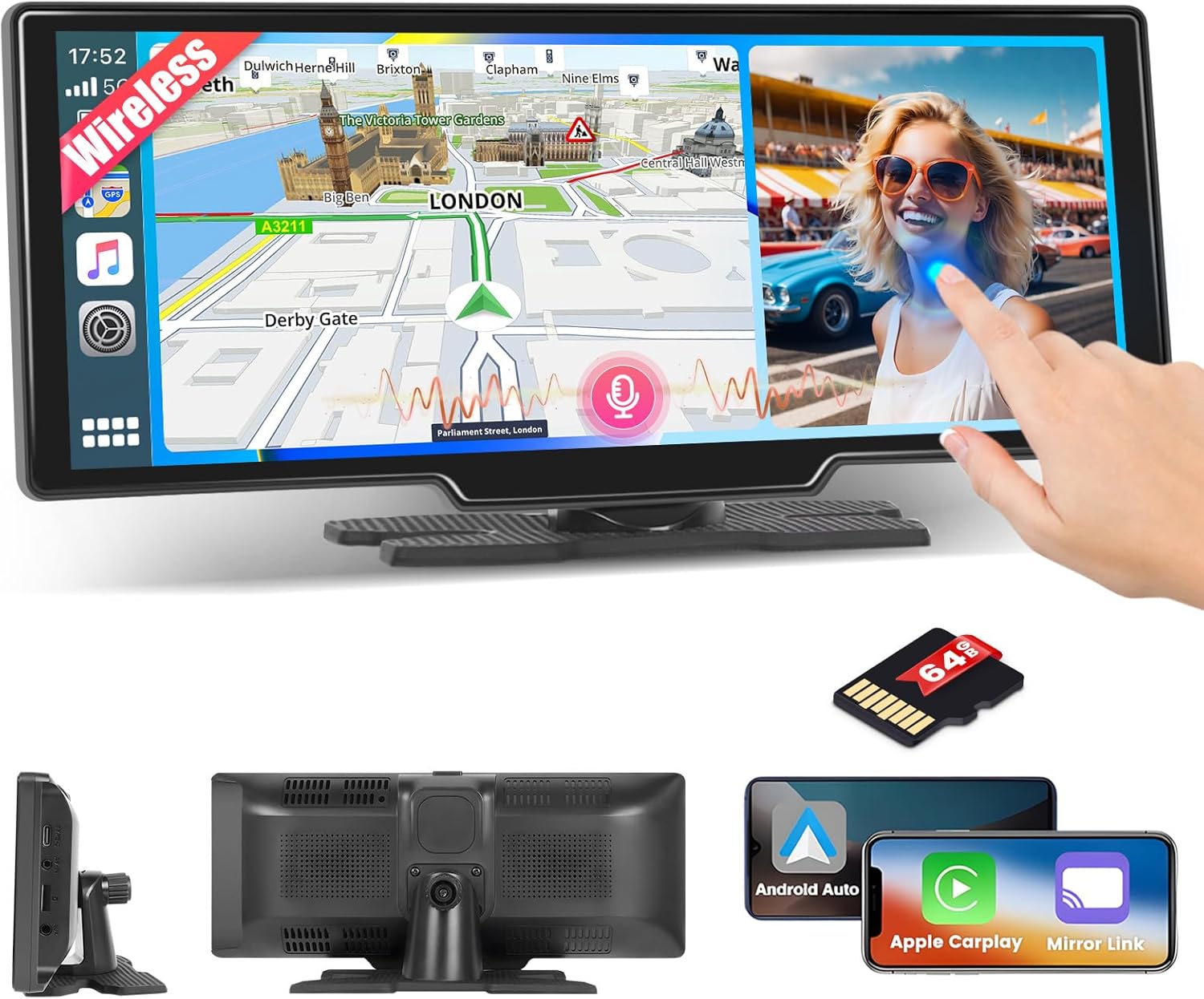 10.26 Inch Wireless Carplay Radio for Car, Hikity Wireless Android Auto Car Display Screen with Dual Bluetooth GPS Airplay Mirror Link