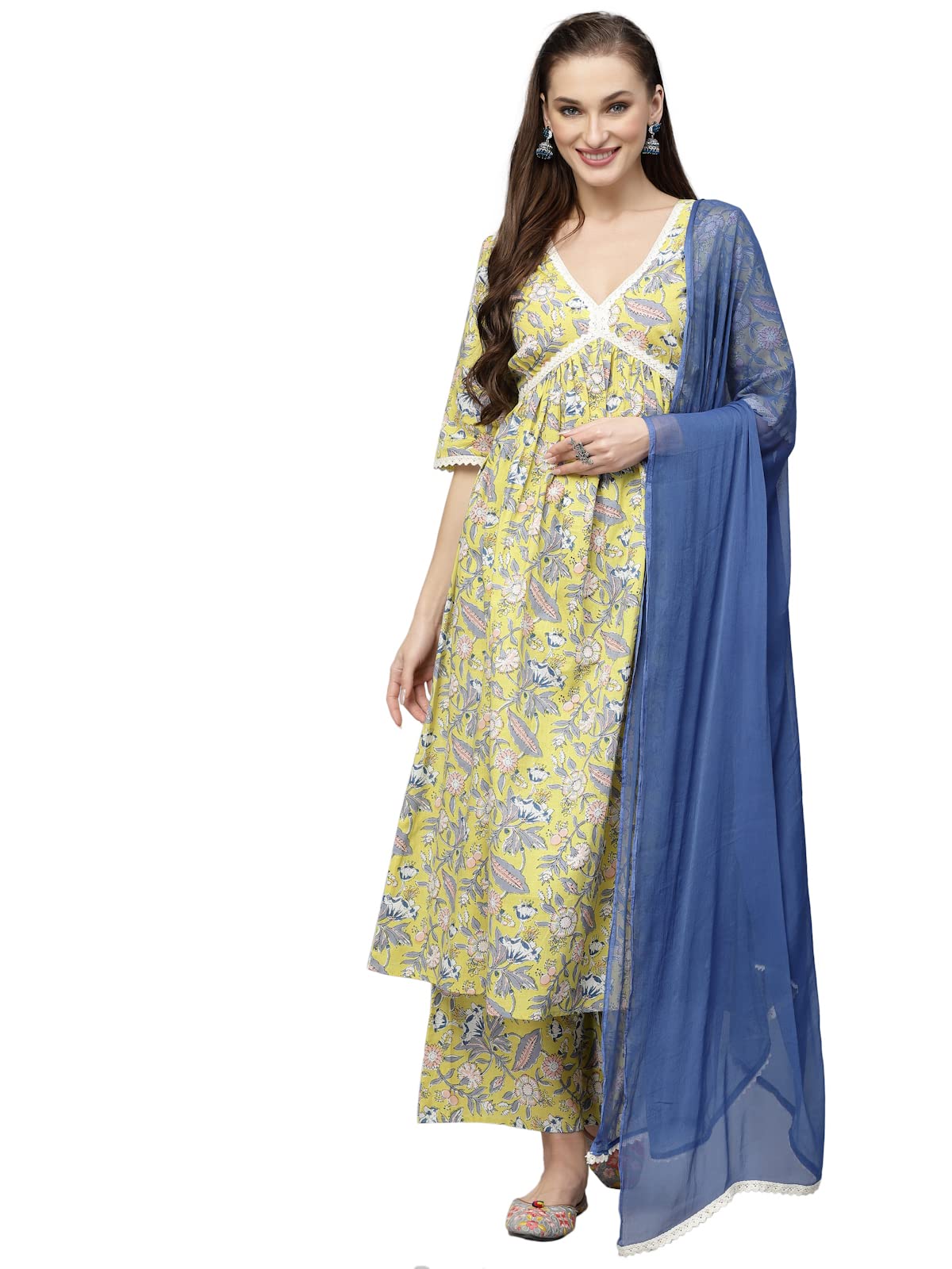Stylum Women's Floral Printed Kurta Palazzo Dupatta Set (Kpddella42_Yellow, Xl)