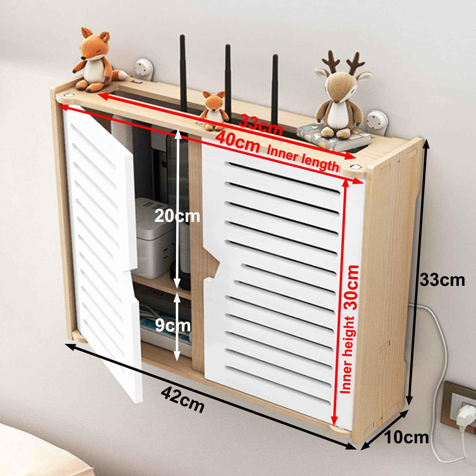 Porta Modem da Parete, Scatola di Immagazzinaggio per Router WiFi, Cavi, Prese, Mensola per Router WiFi da Parete - Doppia Porta, Legno Organizer Cavi per Casa e Ufficio(40×30cm,Double Layer)