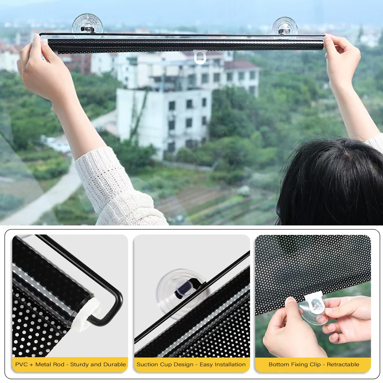 68x150cm Saugnapf Rollo ohne Bohren Sonnenschutzrollo | Wasserdichtes PVC Einziehbarer Sichtschutzrollo Hitzeschutz Rollo für Fenster Verdunklungsrollo,Jalousien für Balkon,Büro