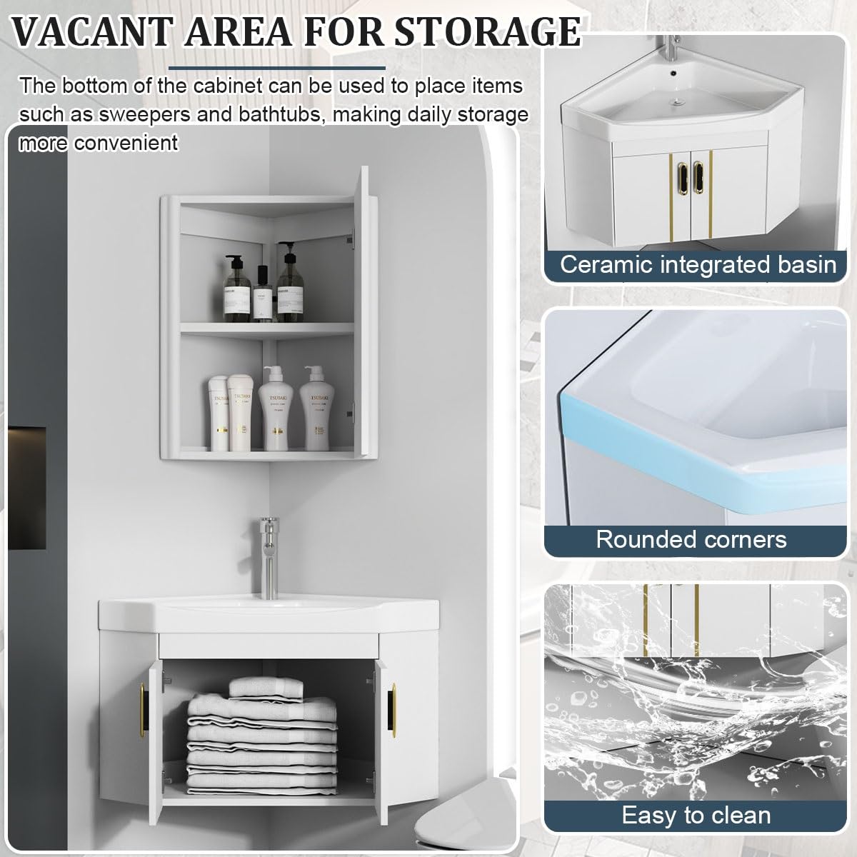 Mueble de baño de esquina suspendido con lavabo, espejo, grifo y accesorios, ahorro de espacio para baños pequeños(White,48cm/18.8in)