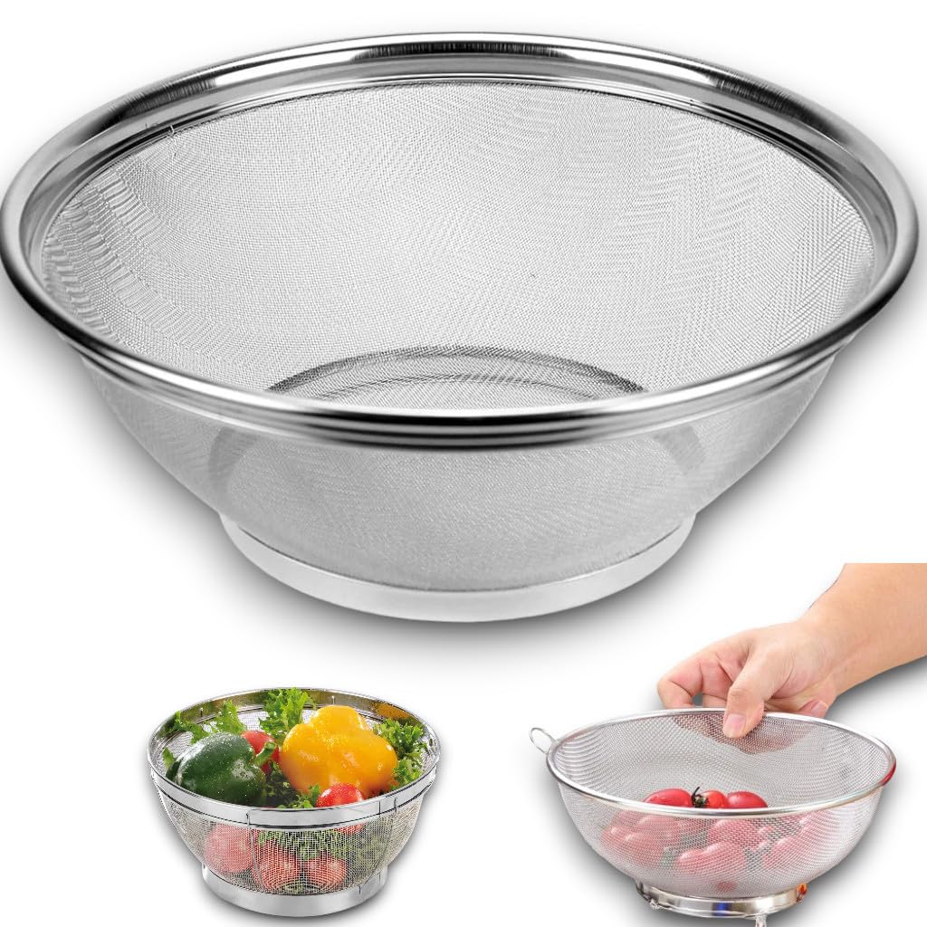 Cesto drenador peneirador coador Escorredor de lavar arroz 28 cm inox multiuso; malha