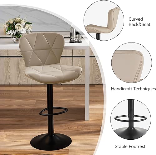 Miniatura 4 de Juego de 2 taburetes de bar modernos, taburetes giratorios tapizados de piel sintética ajustables, taburetes de bar con respaldo para isla de