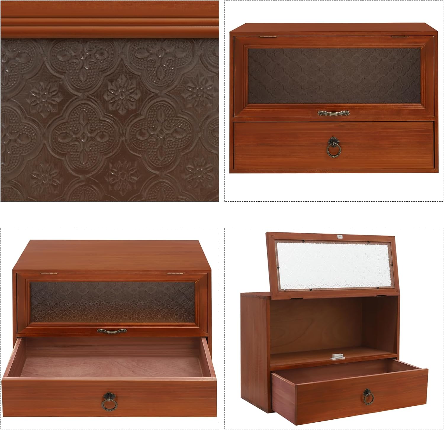 DouSeiAi Vintage Tabletop Cabinet with Front-Opening Glass Compartment, 2-Tier Wooden Display Organizer Desktop Storage Drawer Box with Decorative Victorian Floral Etched Glass Cover