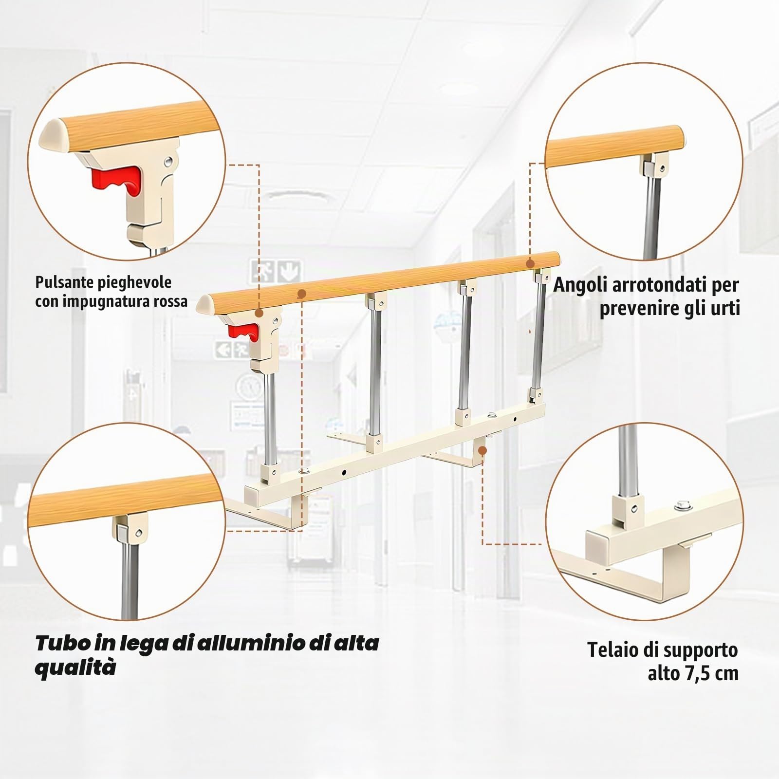 Sponda Letto con Barra in Legno, Regolabile, con Maniglie Antiscivolo, Include Attrezzi per Montaggio e Viti