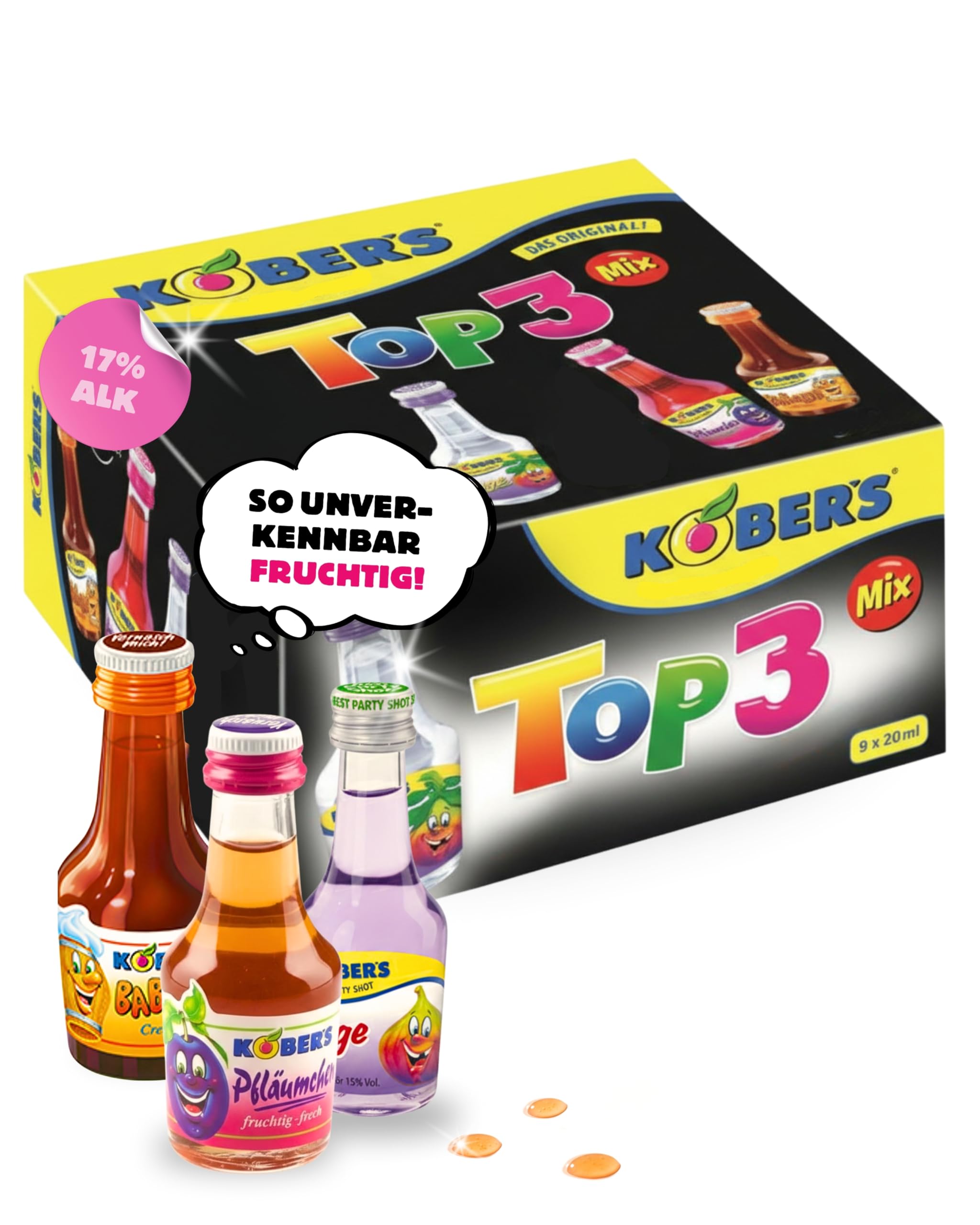 KOBER’S Top 3 Mix I 9 Mini Liköre à 20 ml I 3 beliebte Sorten Feige, Pfläumchen & Babalou Cream I 17% Vol. I Likör-Mix für Geburtstag & Karneval