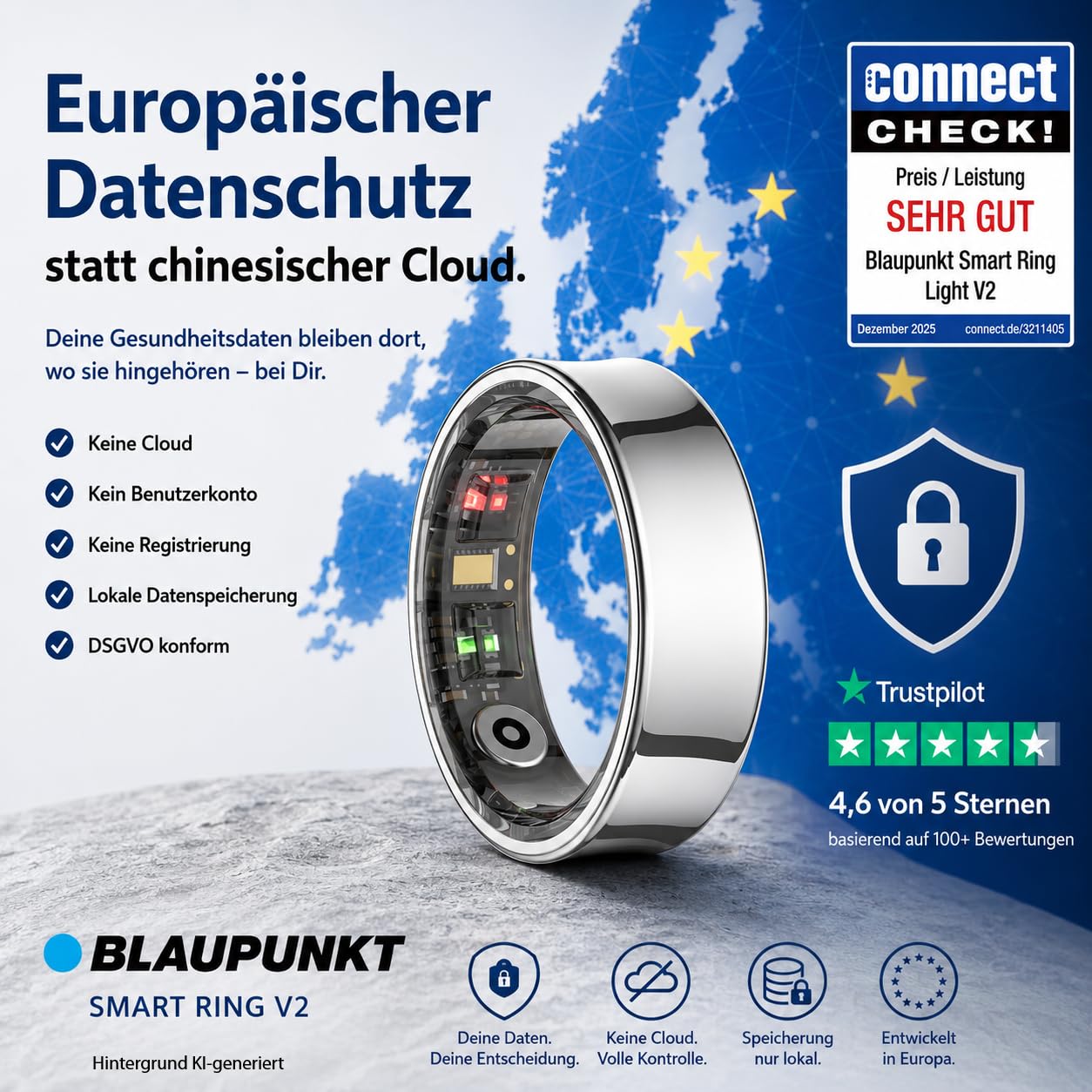 BLAUPUNKT Smart Ring V2 | kein ABO | höchster Datenschutz | Keine Cloudanmeldung | Schritte, Schlaf, Puls, Blutsauerstoff SpO2, Kalorien, HRV, Sport | IP68 | Android und iOS App | Silber | Größe 10