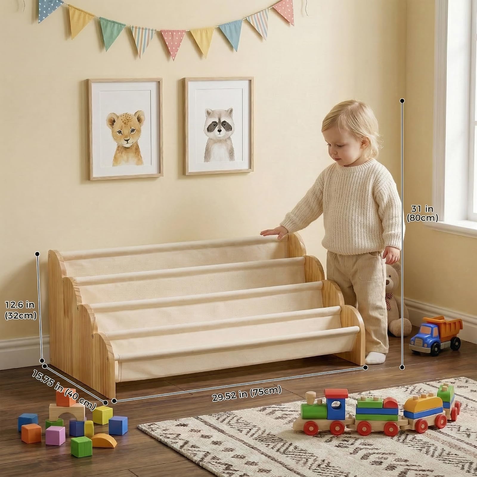 Puricon Libreria per bambini a 4 ripiani, Scaffale per libri per bambini piccoli con ripiani profondi e bordo ondulato, Libreria frontale a fascia per cameretta, asilo nido - Beige