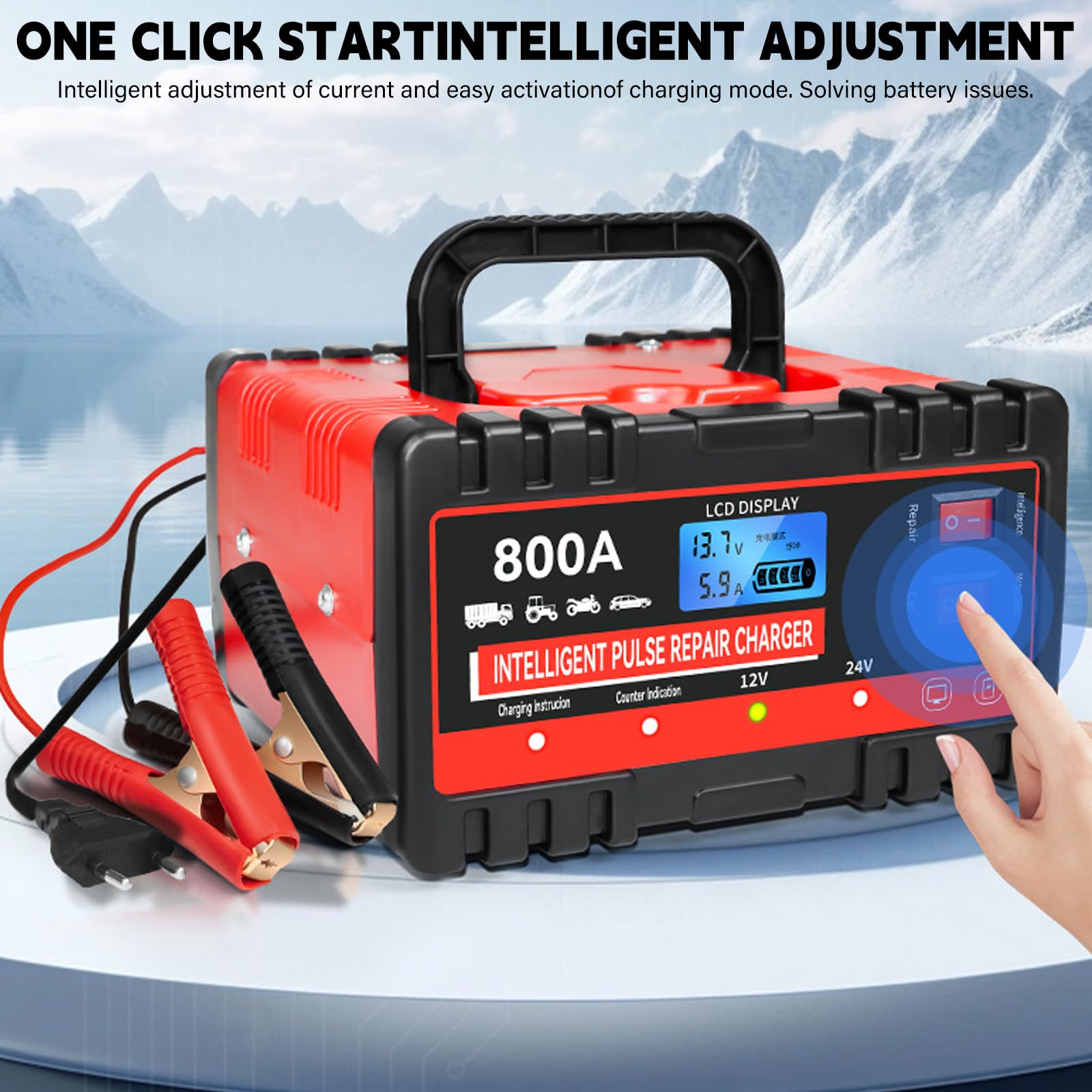 Caricatore a batteria completamente automatico, 8 A, caricabatteria da auto, 12 V, 24 V, strumento di ricarica rapida intelligente e manutenzione per auto, camion, moto, auto e trattore