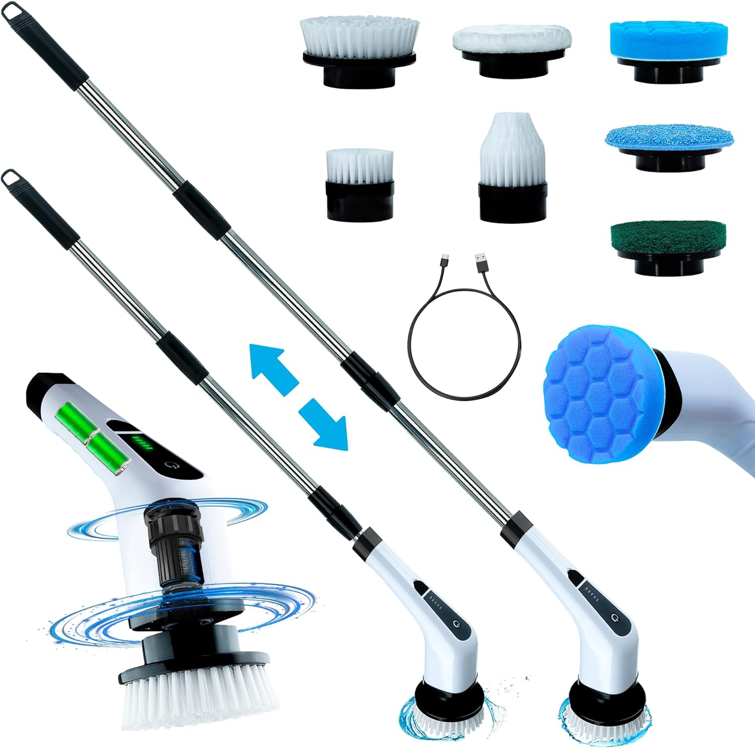 Generic Chimera MKT Electric Spin Scrubber - Cordless Shower Scrubber with Long Handle 7 Replaceable Heads Spin Brush for Cleaning 2 Speeds Electric Cleaning Brush (White)