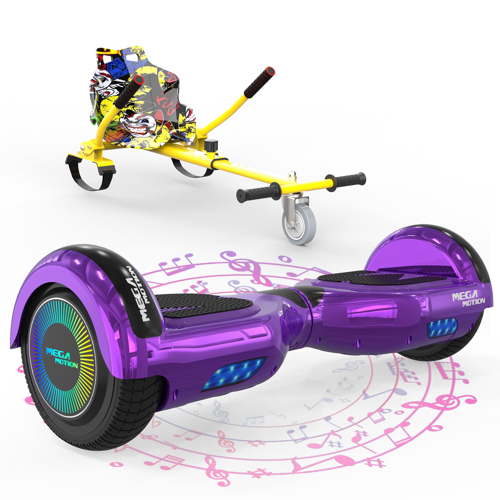 MEGA MOTION Hoverboards mit Hoverkart für Kinder, 6.5 Zoll Hoverboards mit Bluetooth Lautsprecher, mit LED-Leuchten, Geschenk für Kinder und Jugendliche