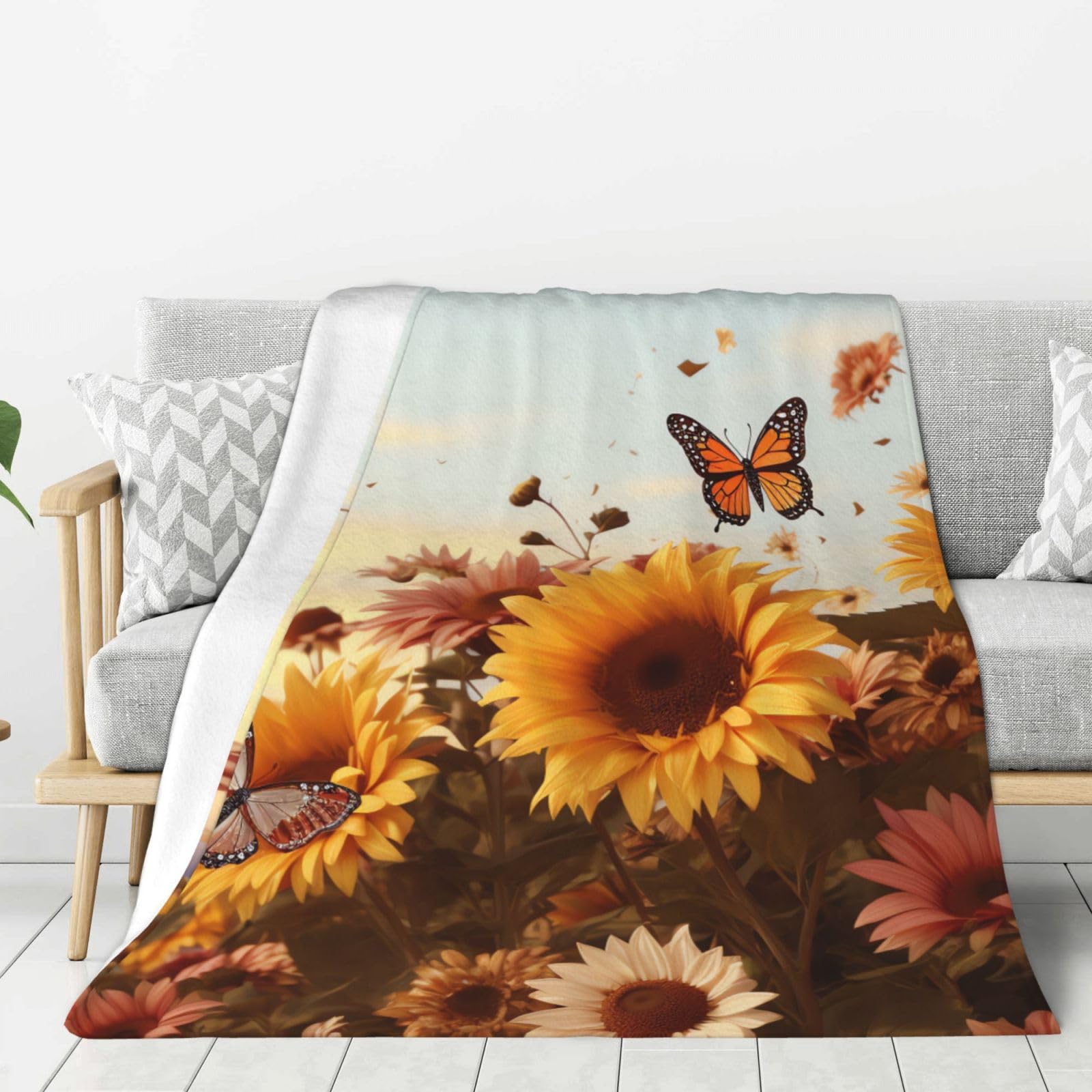 Sunflowers and Butterflies Throw Blanket Plush Flannel Fleece Blanket, Soft Lightweight Cozy Blankets 40"X30" for Bed Couch Sofa Travel