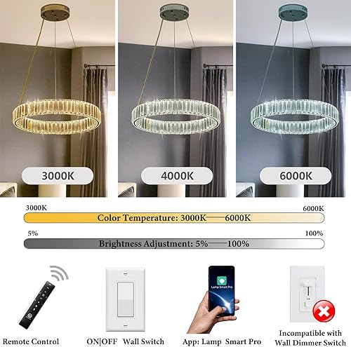 Miniatura 2 de Candelabros de cristal modernos regulables LED de 20 pulgadas con control remoto, lámpara colgante redonda de cristal para cocina, comedor, sala de