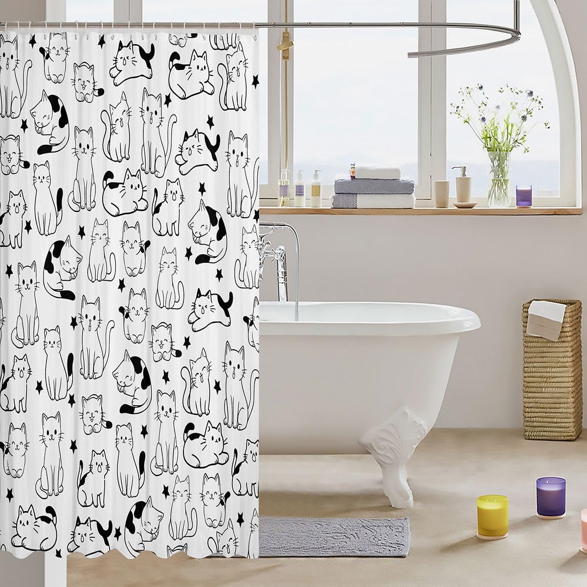 Erosebridal Cute Cats Shower Curtain 72" Wx72 L ∣ Kawaii Kitten Waterproof Bathroom Accessories FUUNY Pet Bath Curtain for Bathroom Showers Hand Drawn Animal image 3
