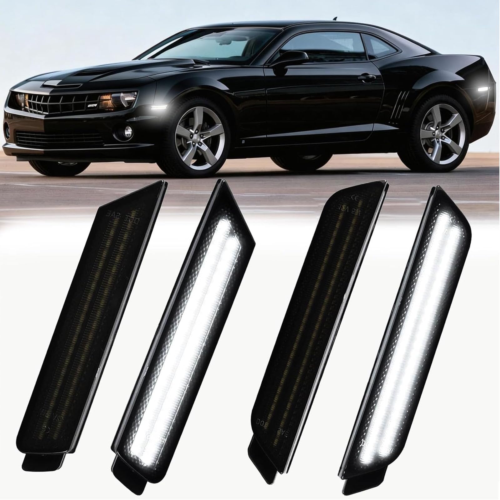 NoxiAnto LED Side Marker Lights for Chevy Camaro 2010-2015, 5th Gen Full LED White Front & Rear Bumper Marker Lamps Smoked Lens, Pack of 4