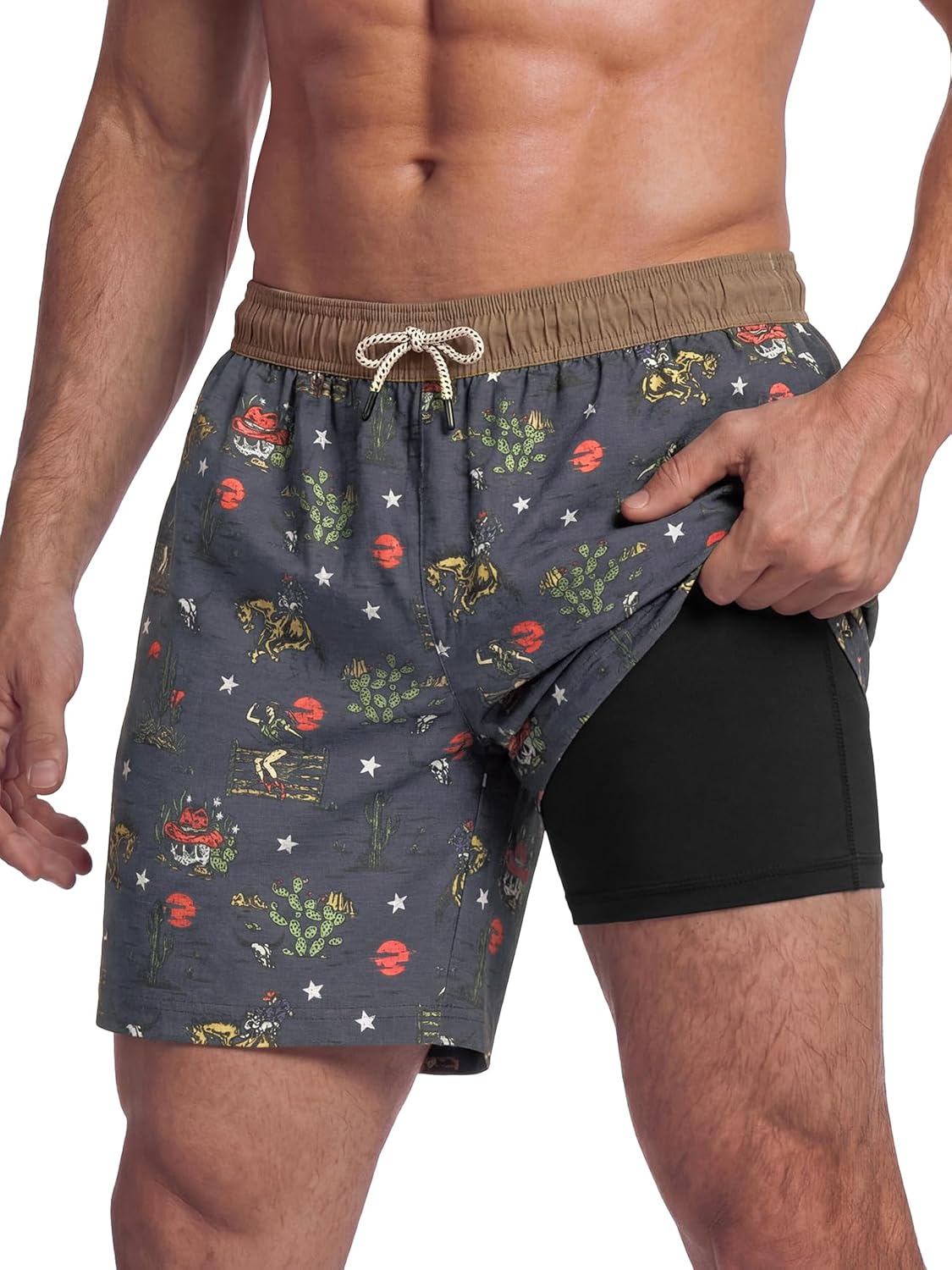 BRISIRA Mens Vintage Swim Trunks with Compression Liner 7 inch Bathing Suit 80s 90s Retro Swim Short Beach Cotton Swimsuit