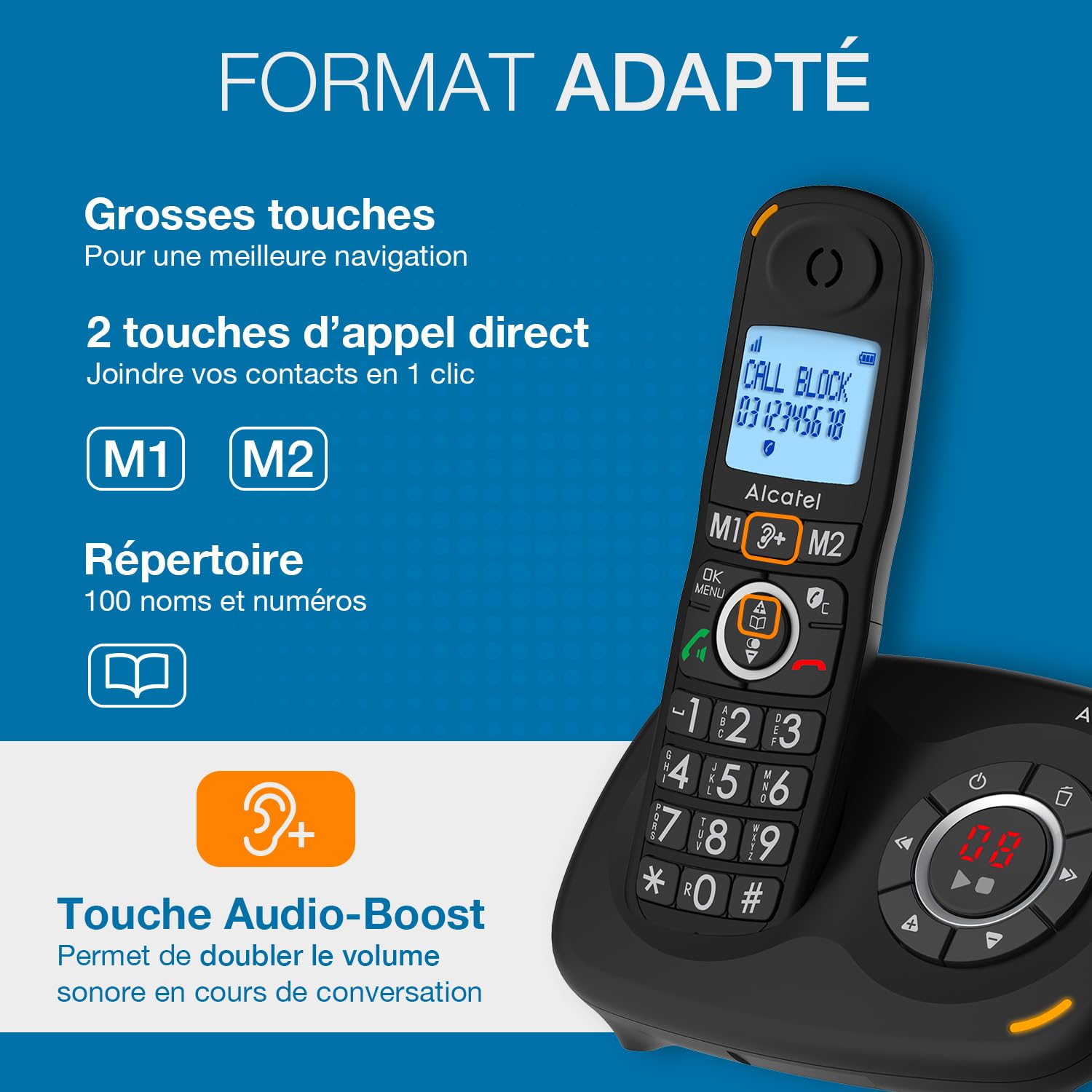 ALCATEL XL595 B Voice - Téléphone Fixe Sans Fil Senior Avec Répondeur - Grand Écran Rétroéclairé - Mains Libres - Fonction Blocage Des Appels - Audio Boost - Répondeur 14 Min - Noir