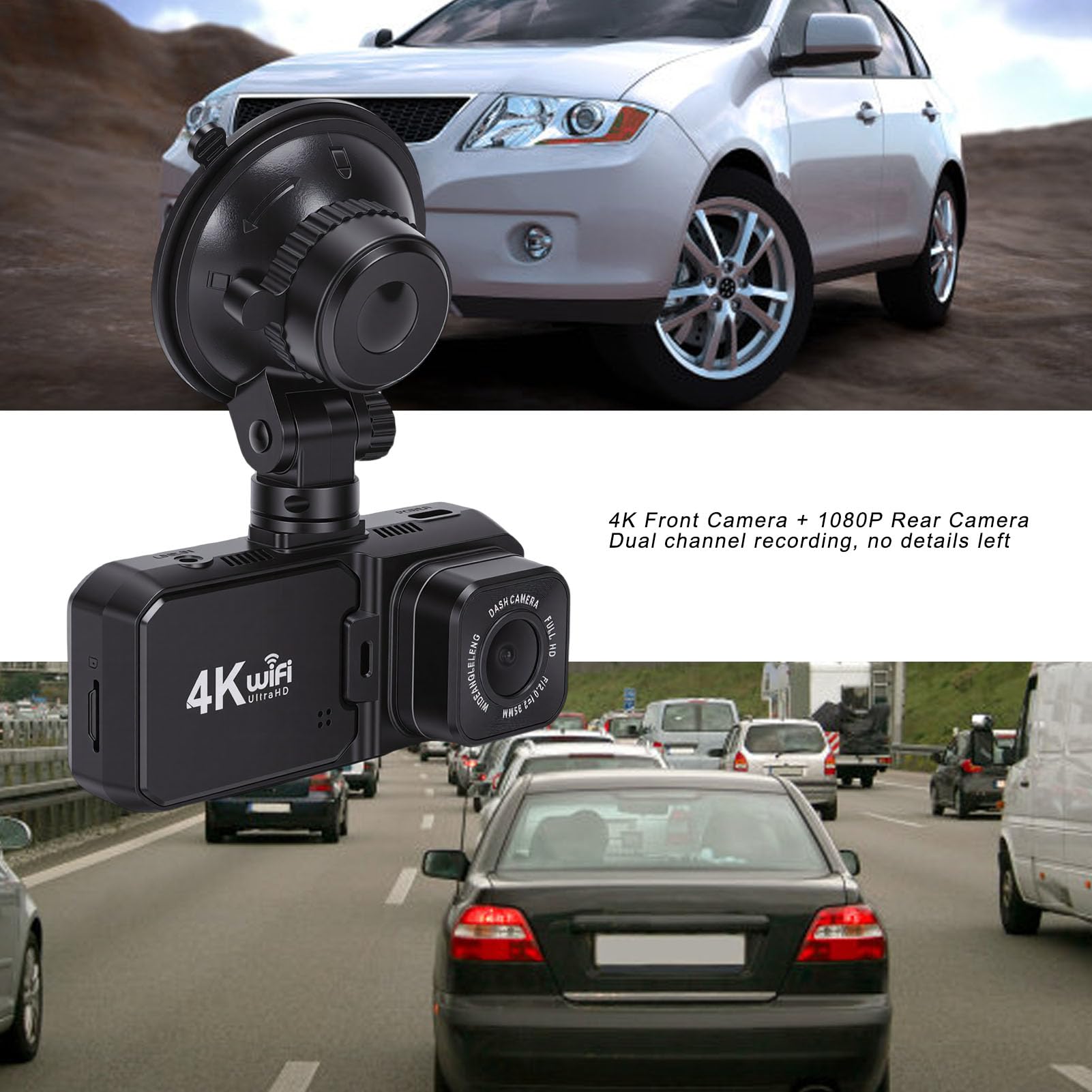 Kamera Samochodowa z Przodu 4K z Tyłu 1080P, Rejestrator Jazdy Samochodem z 3,0-calowym Ekranem Kontrola Aplikacji Wi-Fi Wykrywanie Kolizji Nagrywanie w Pętli G-Sensor Blokada