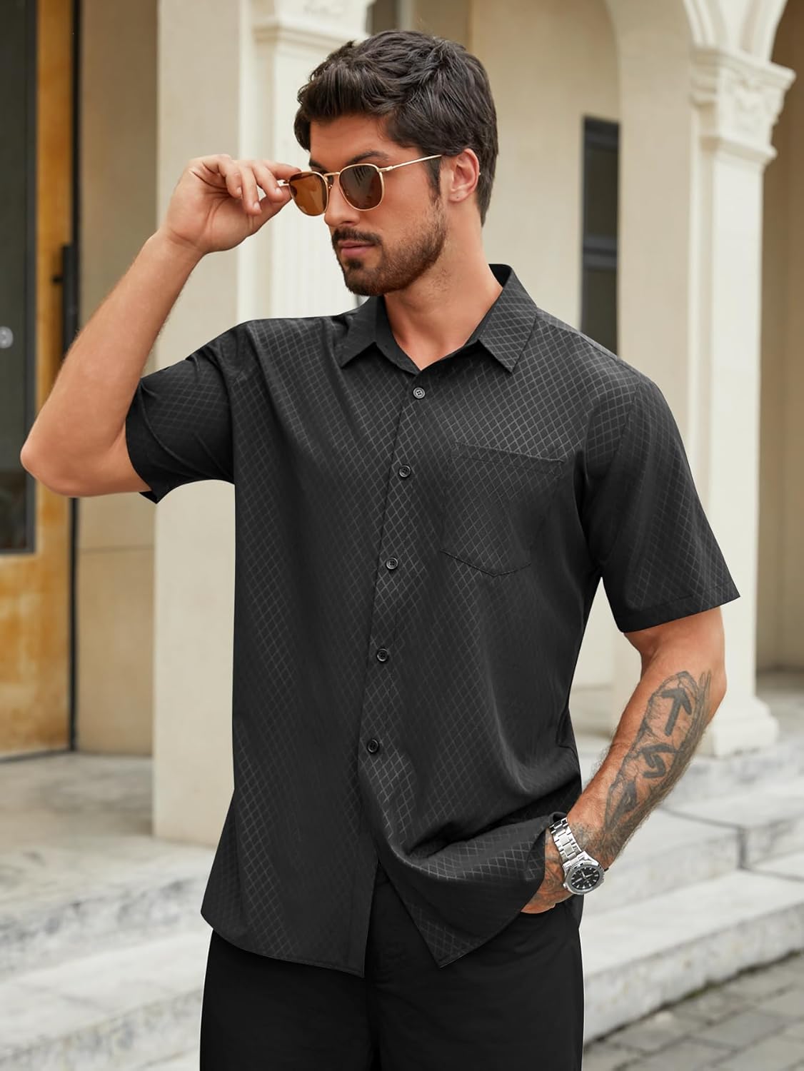 Hardaddy Men's Casual Button Down Shirts Short Sleeve Stretch Button Up Pattern Business Dress Shirt for Men - Image 3