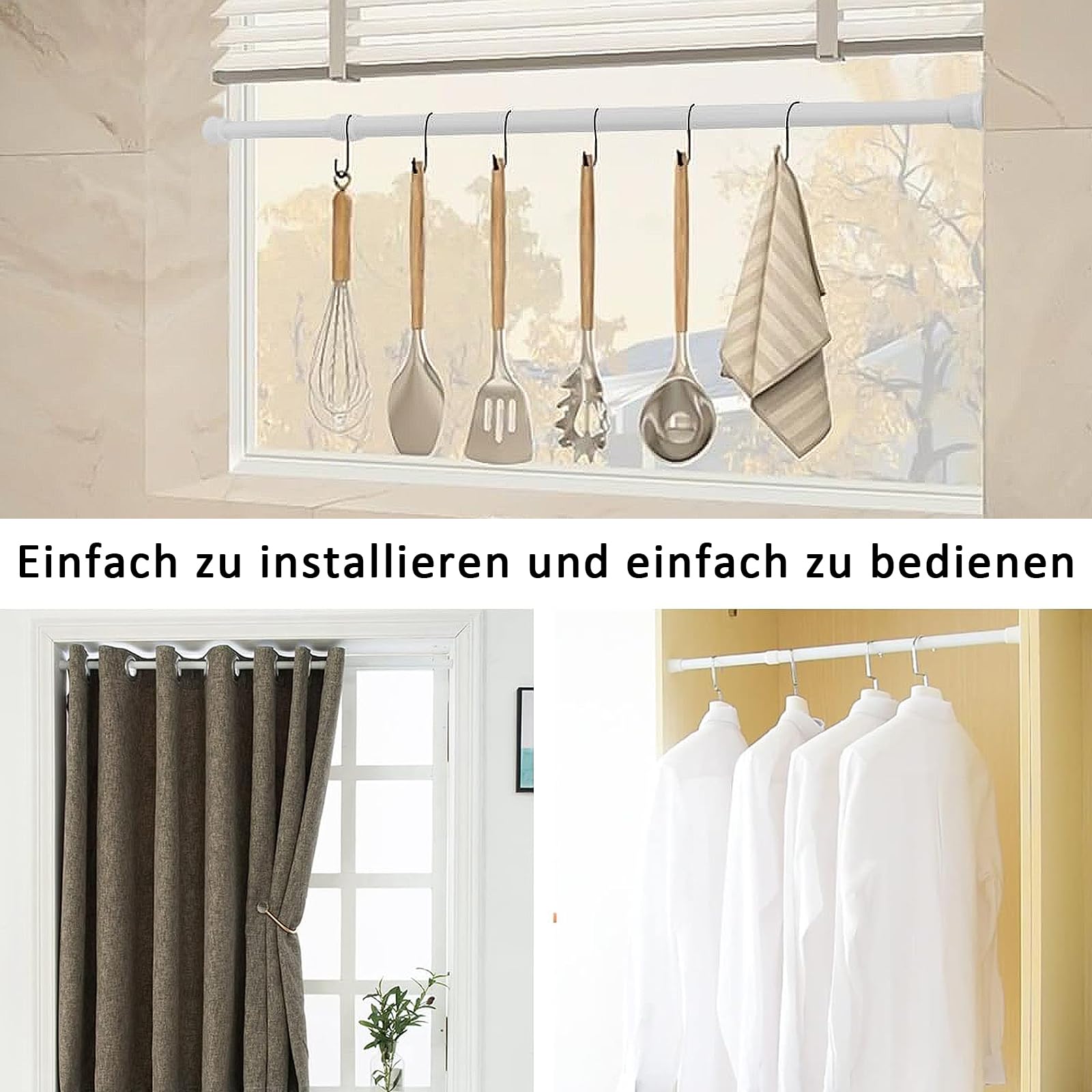 Teleskopstange, 2 Teilige Teleskopstanges zum Klemmen, Gardinenklemmstange, 40-70 cm Teleskopstange, klemmbare Gardinenstange, Klemmstange ohne Bohren, für Duschvorhangstangen, Kleiderbügel, Weiß Küche, Haushalt & Wohnen