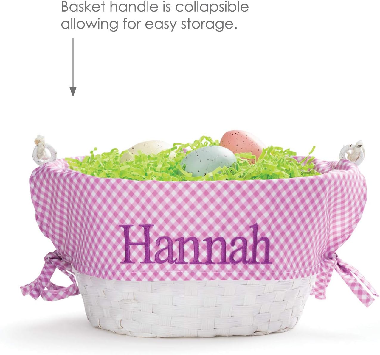 Personalized Easter Egg Basket with Handle and Custom Name | Purple Gingham Easter Basket Liners | White Basket | Woven Easter Baskets for Kids and Adults | Customized Easter Basket | Gift for Easter