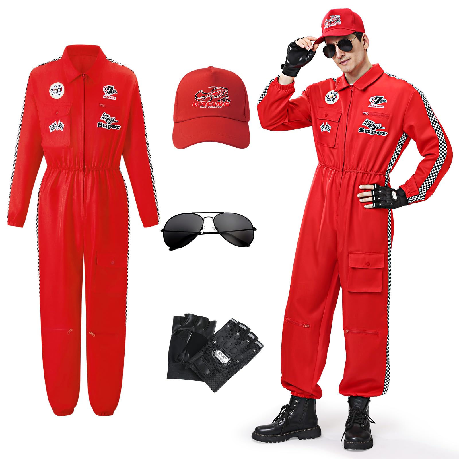 BuzzoXerex Disfraz Piloto Carreras Hombre, Disfraz de Conductor de Coches Adulto con Guantes, Gafas de Sol, Sombrero Costume da Pilota para Carnavales