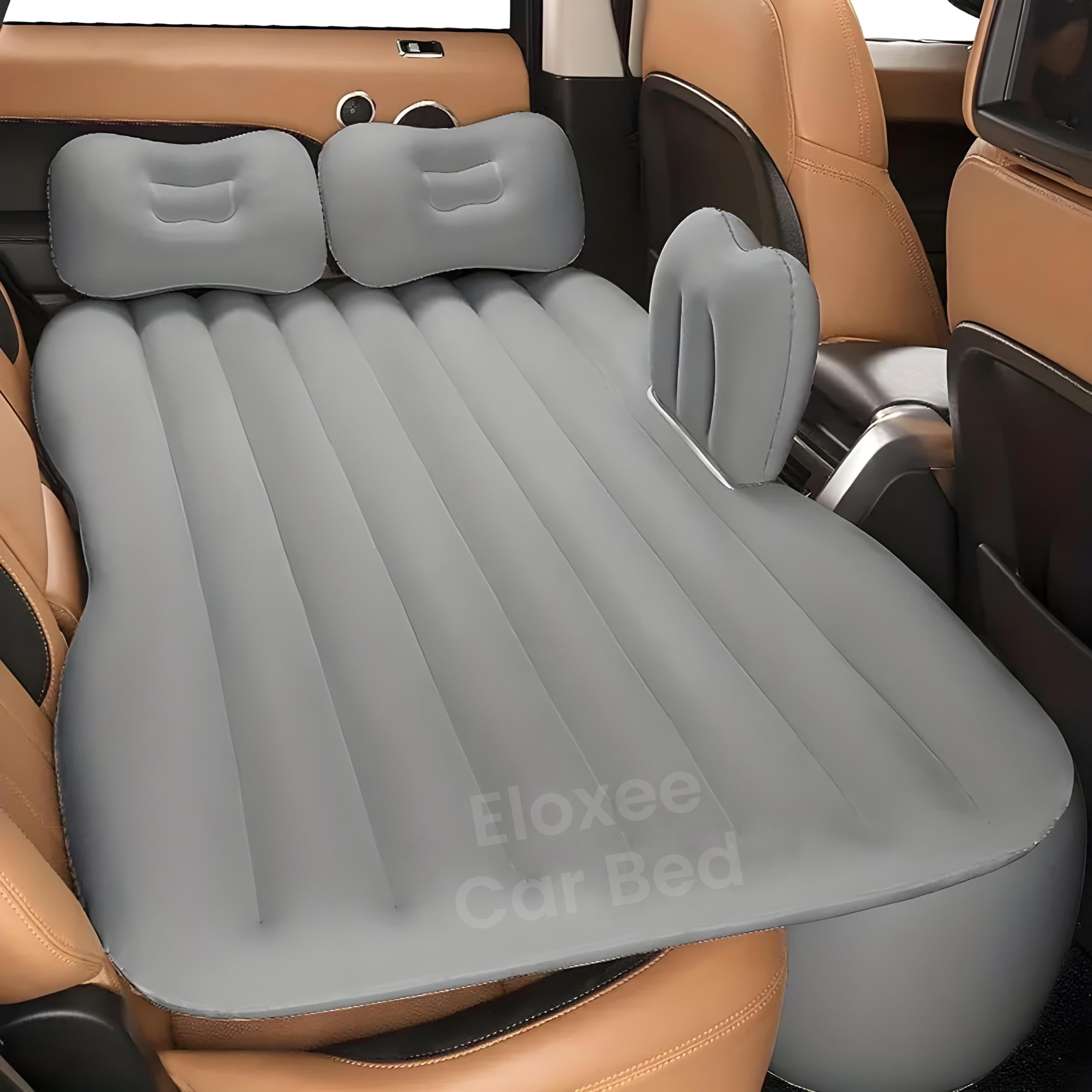 Eloxee Car Inflatable Bed with Pump & 2 Air Pillows | Back Seat Car Air Mattress for Travel, Camping, Trips, Picnic, Beach & Pool | Quick Inflatable Portable Car Bed Mattress for SUV & Sedan (Grey)
