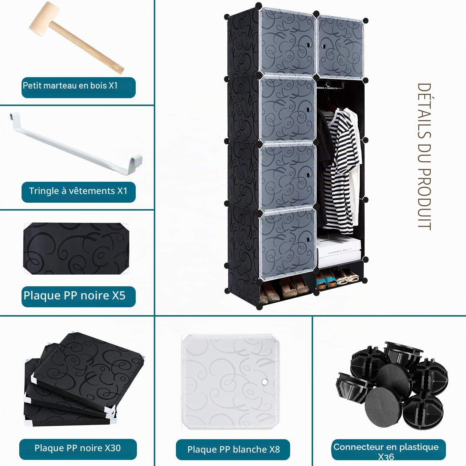 YUENFONG Organisateur de penderie DIY Étagère Système d'étagères en plastique pour vêtements, chaussures, jouets et livres, noir (8 boîtes avec porte)