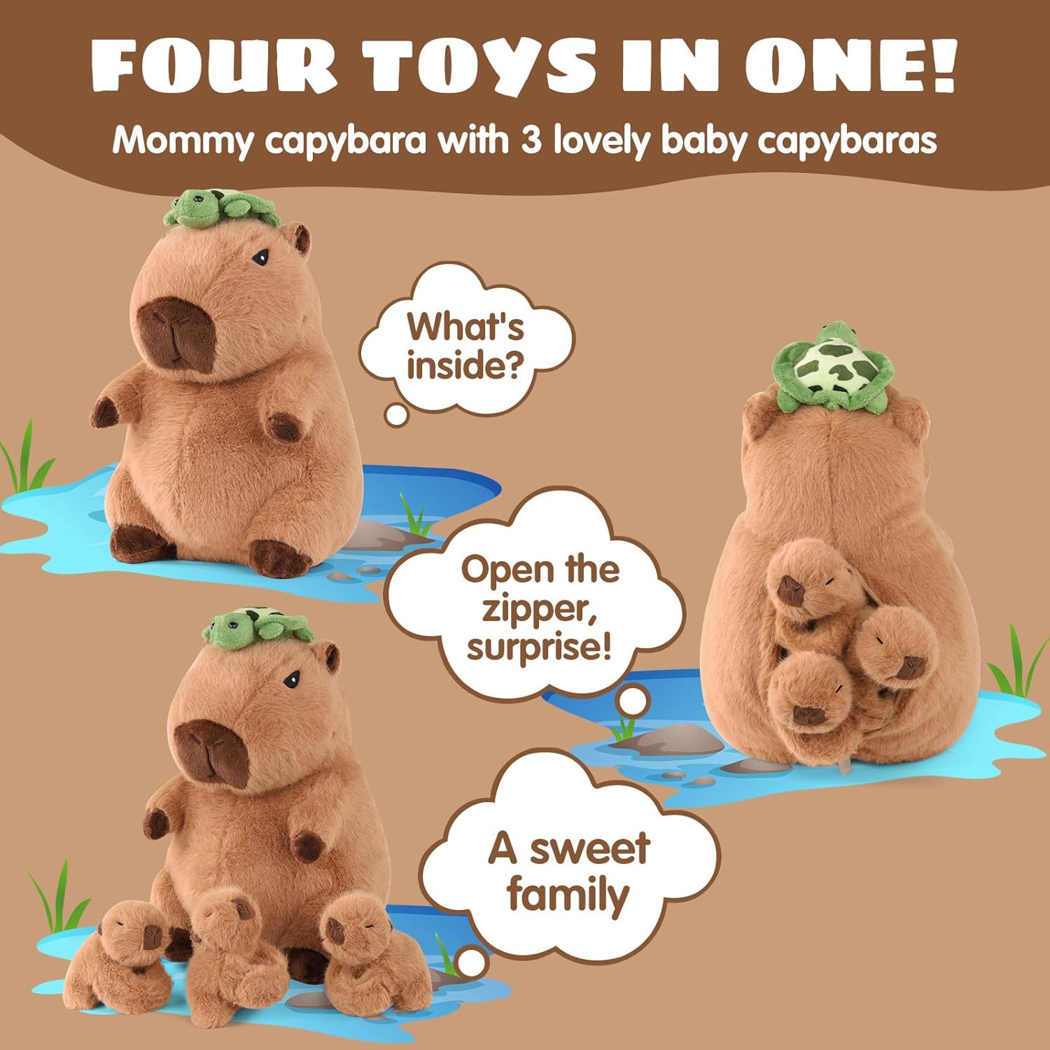 5 in 1 Capybara Plush, 12.8" Mommy Capybara Stuffed Animal with 3 Babies Capibaras Peluches Inside, Cute Stuffed Capybara Toys Pillow Plushies for Kids Christmas Birthday Gifts