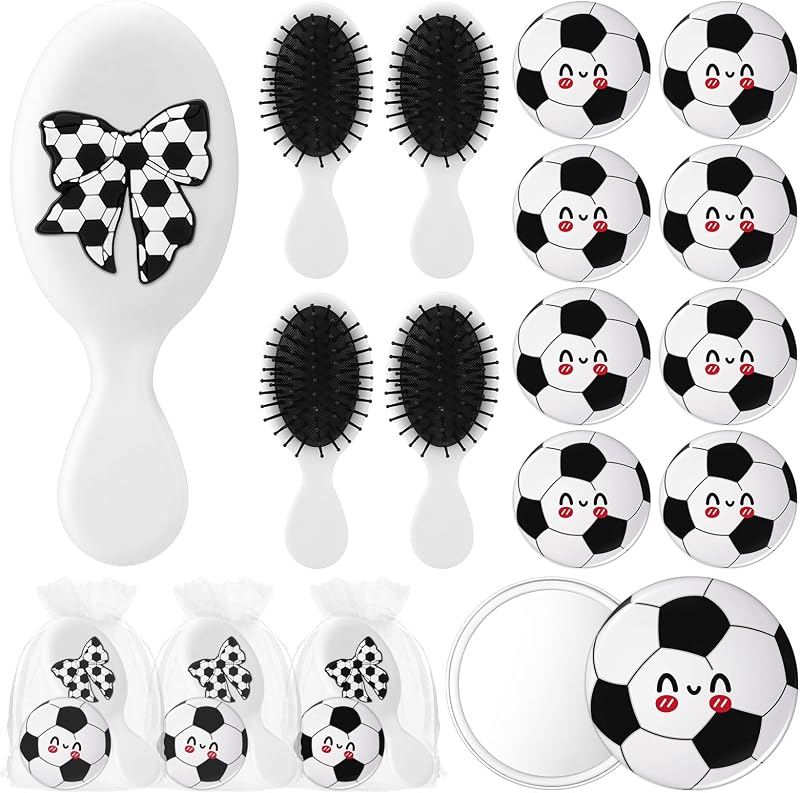 Wonderjune Conjunto com 12 escovas de cabelo mini, espelhos compactos e bolsas, tema futebol