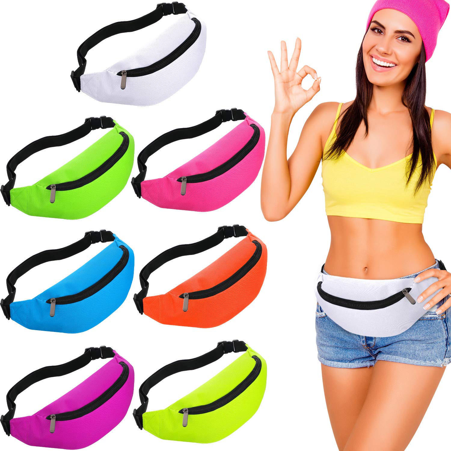 Weewooday 7 Stück Neon Bauchtasche 80er Jahre Party Hüfttasche Verstellbare Taille 2 Reißverschluss Reise Laufen Bauchtasche für Rave Party Frauen